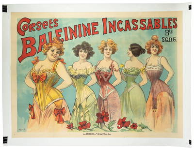 Alfred Choubrac color litho poster, corsets: Heading: (Posters - Advertising) Author: Choubrac, Alfred Title: Corsets Baleinine Incassables Place Published: Paris Publisher:Imprimerie Bourgerie Date Published: c. late 1890's Desc