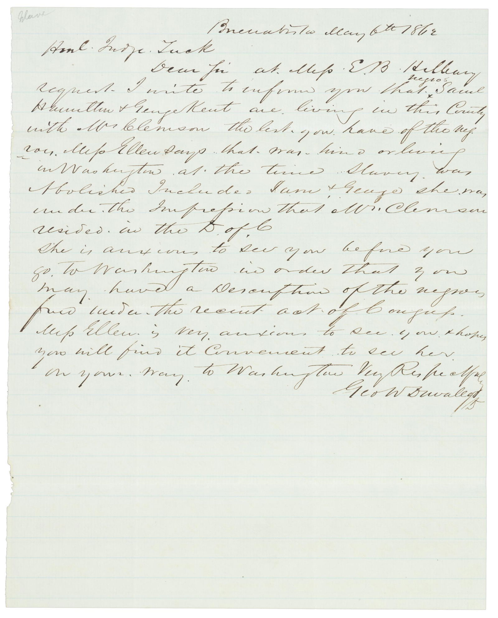 Heiress seeks compensation emancipated slaves: Heading: (African American, 1862) Author: Duvall, George W. (for Eleanor B. Hilleary) Title: Legal letter about a woman slave-owner's compensation for 2 ex-slaves, emancipated in Washington Place Publ
