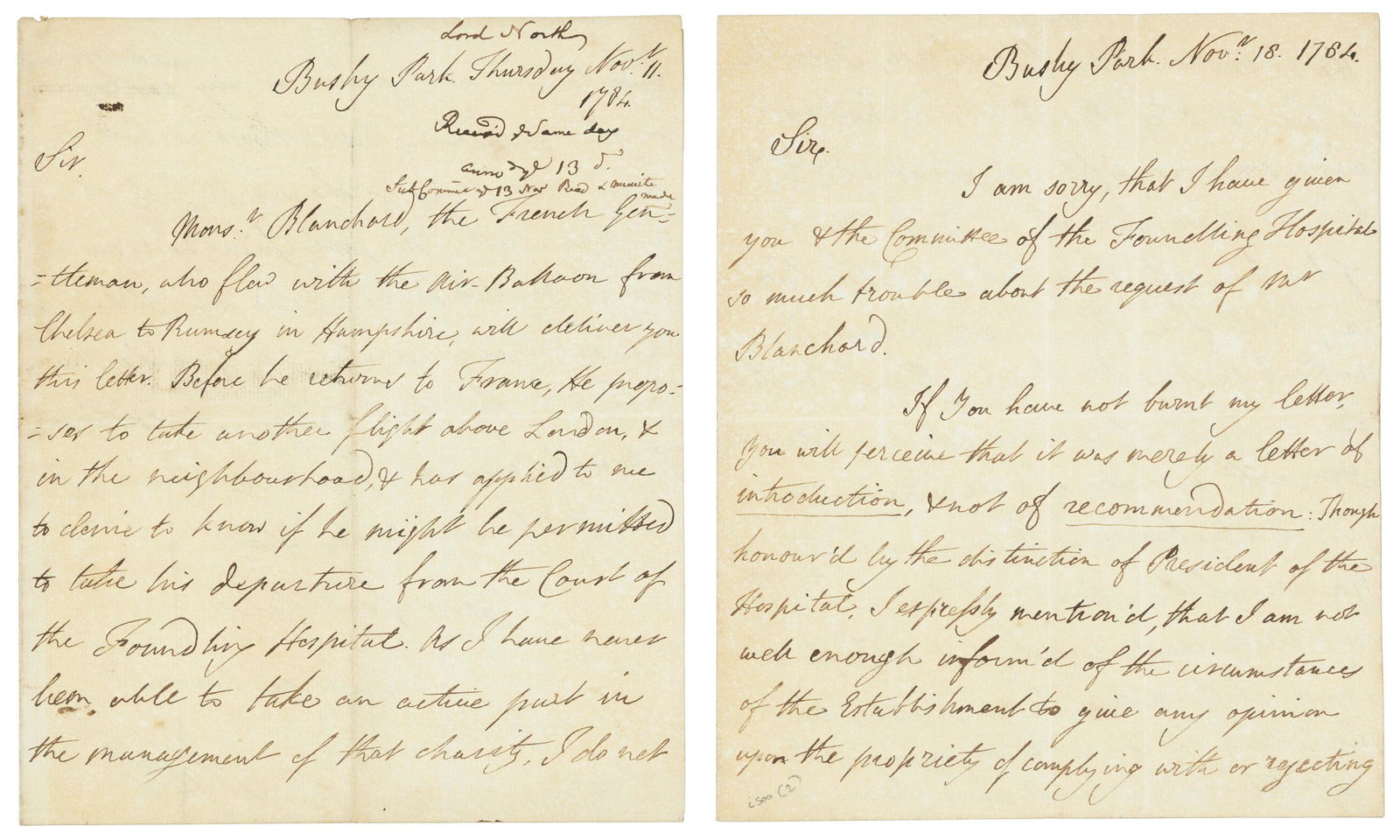 Lord North Introduces Balloonist Blanchard: Heading: (Lighter Than Air) Author: North, Frederick Title: Two autograph letters from Lord North, introducing balloonist Jean-Pierre Blanchard Place Published: Publisher: Date Published: 17