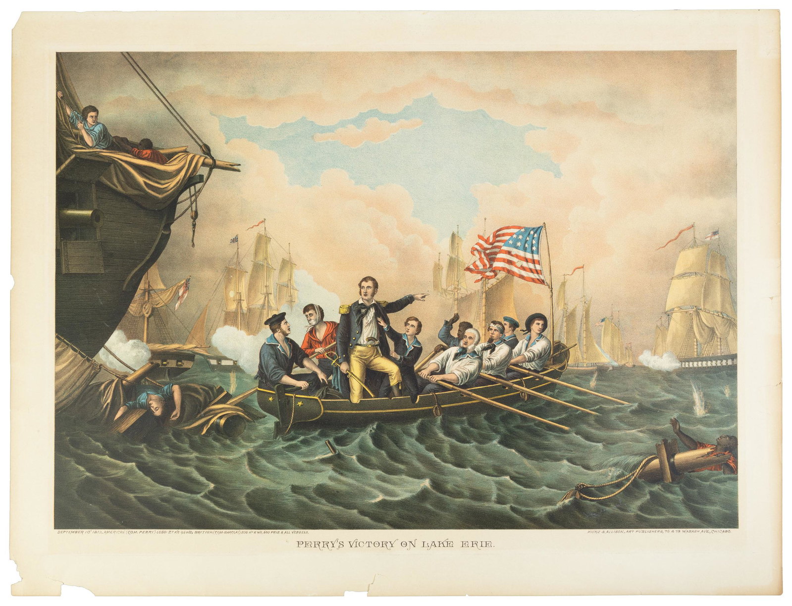 Large chromo view of Perry's Lake Erie victoruy: Heading: (War of 1812) Author: Kurz & Allison Title: Perry's Victory on Lake Erie Place Published: Chicago Publisher:Kurz & Allison, Art Publishers Date Published: c.1889 Description: <