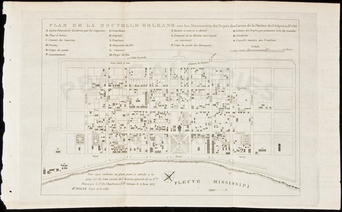 Plan of New Orleans 1755: Title: Plan de la Nouvelle Orleans sur les Manuscrits du Depot des Cartes de la Marine Author: Bellin, Jacques Nicolas Description: Copper-engraved plan. 19x28 cm. (7½x11").Plan of the old city of Ne