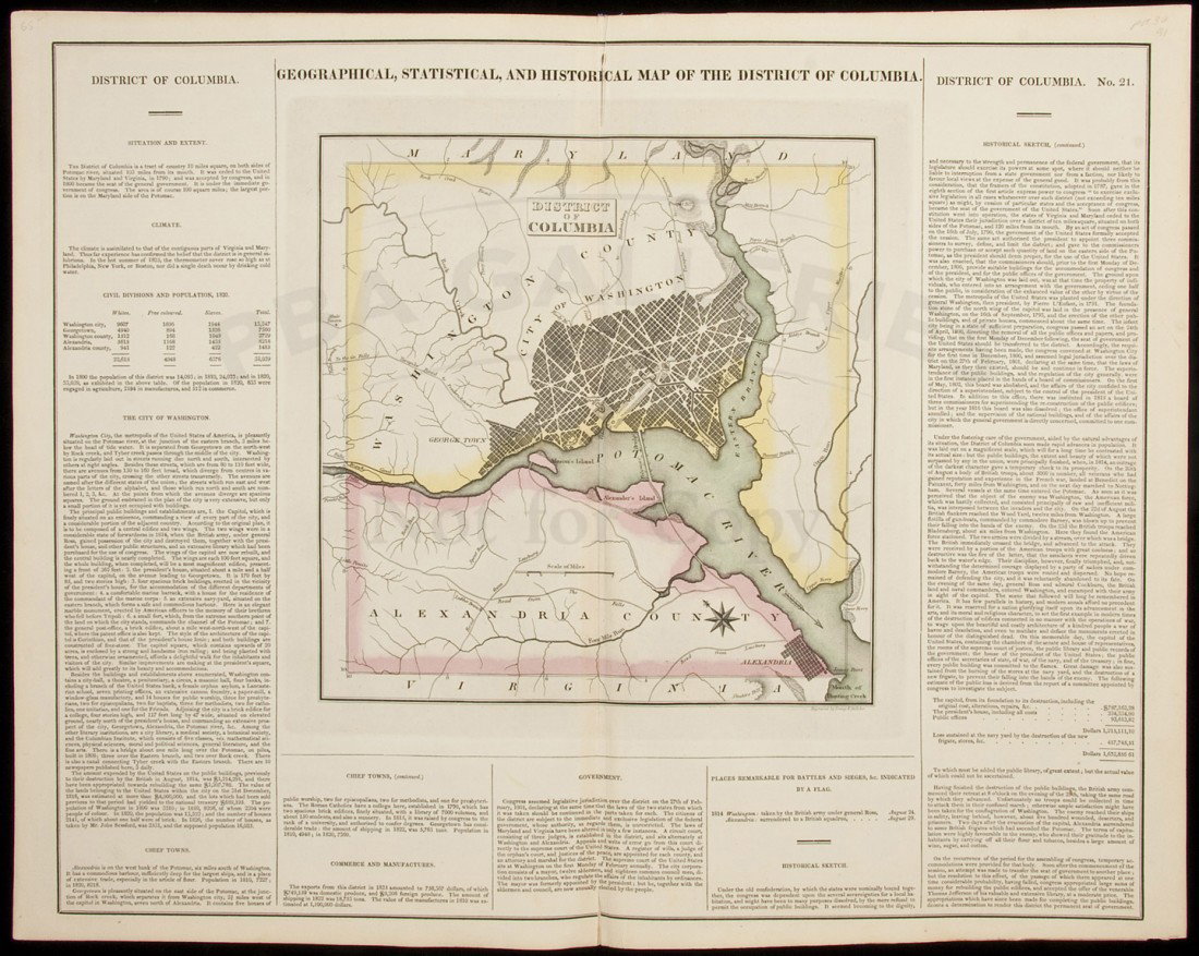Statistical Map of Washington, D.C. 1822: Title: Geographical, Statistical, and Historical Map of the District of Columbia Author: Carey & Lea Description: Copper-engraved map, hand-colored. 27.5x27 cm. (10¾x10½") plus text at sides and bot