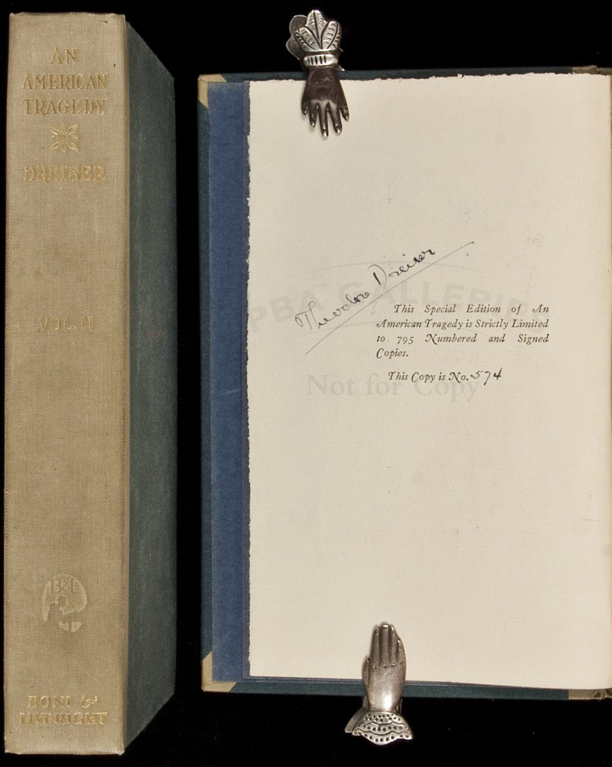 An American Tragedy 2 vols signed, lmtd 1925: Title: An American Tragedy Author: Dreiser, Theodore Description: 2 volumes. Cloth-backed boards, slipcase. No. 574 of 795 copies.Signed by Dreiser at the limitation statement. Heading: Place Publishe