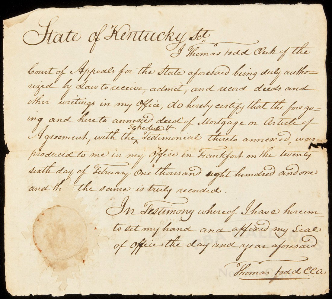 Manuscript document signed by Thomas Todd: Title: Manuscript document signed by Thomas Todd as chief clerk of the Kentucky Court of Appeals, Author: Todd, Thomas Description: 14 lines, in ink, on sheet 18x20 cm. (8x7").Thomas Todd (1765-1826),