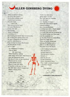 Allen Ginsberg Dying signed by Ferlinghetti: Heading: Author: Ferlinghetti, Lawrence Title: Allen Ginsberg Dying Place Published: Nepal Publisher:Shivastan Press Date Published: 2005 Description: Illustrated broadside