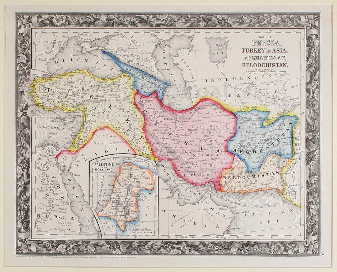 Mitchell map of Persia & Afghanistan 1860: Title: Map of Persia, Turkey in Asia, Afghanistan, Beloochistan Author: Mitchell, Samuel Augustus Description: Lithographed map, hand-colored. 27x33.5 cm. (10½x13¼") including decorative border.Brig