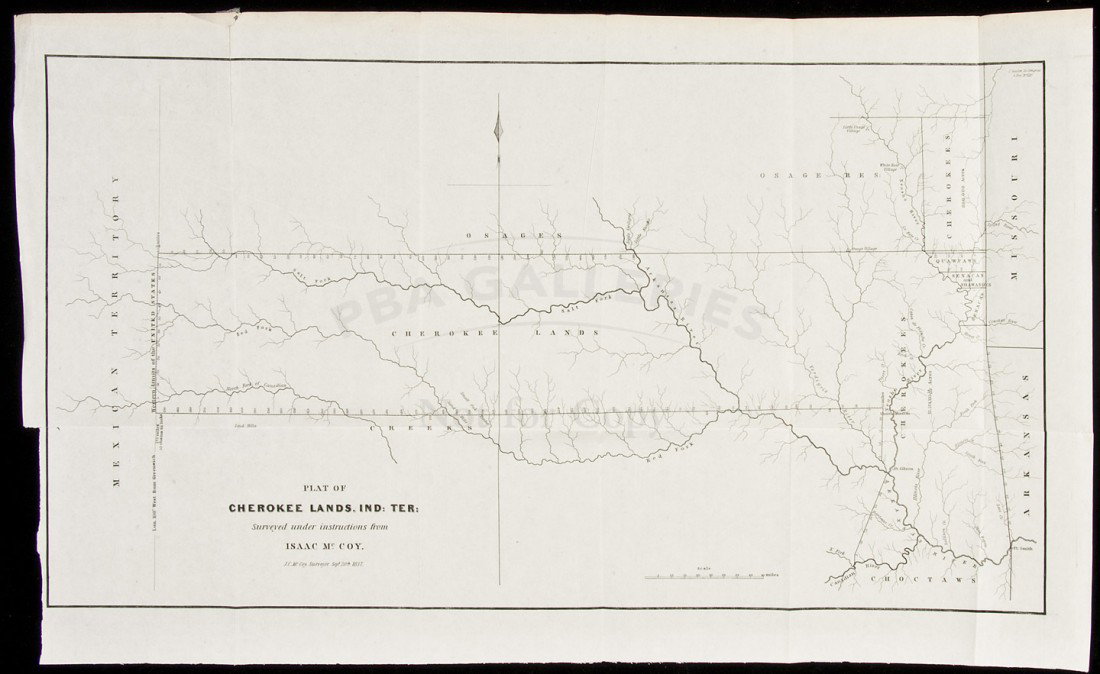 Early map of present Oklahoma 1837: Title: Plat of Cherokee Lands, Ind. Ter., Surveyed under Instructions from Isaac McCoy Author: U.S. Government Description: Engraved map. 27x50 cm. (10½x19½")One of the earliest printed maps to depi