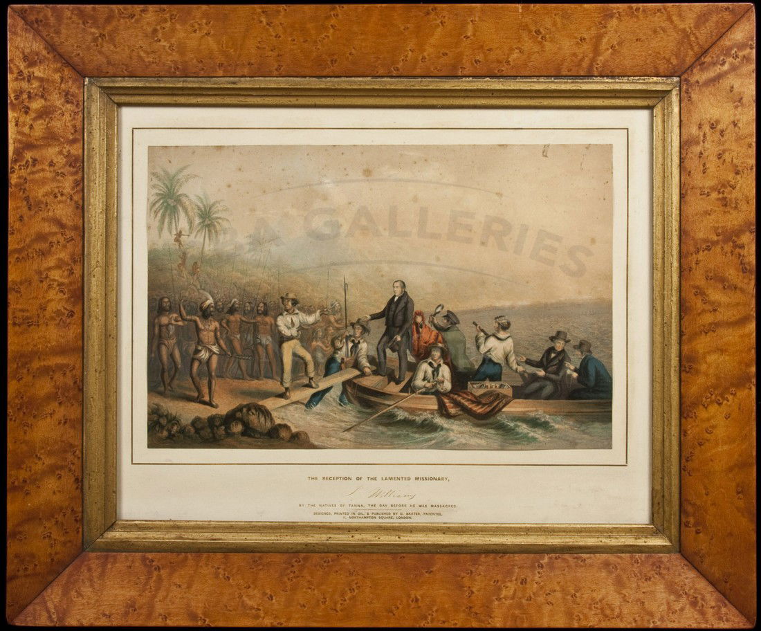 Baxter Colour Print of South Sea Missionary: Title: The Return of the Rev. John Williams at Tanna in the South Seas, the day before he was massacred Author: Baxter, George Description: Baxter color oil print. 23x34 cm. (8½x12½") plus margins,