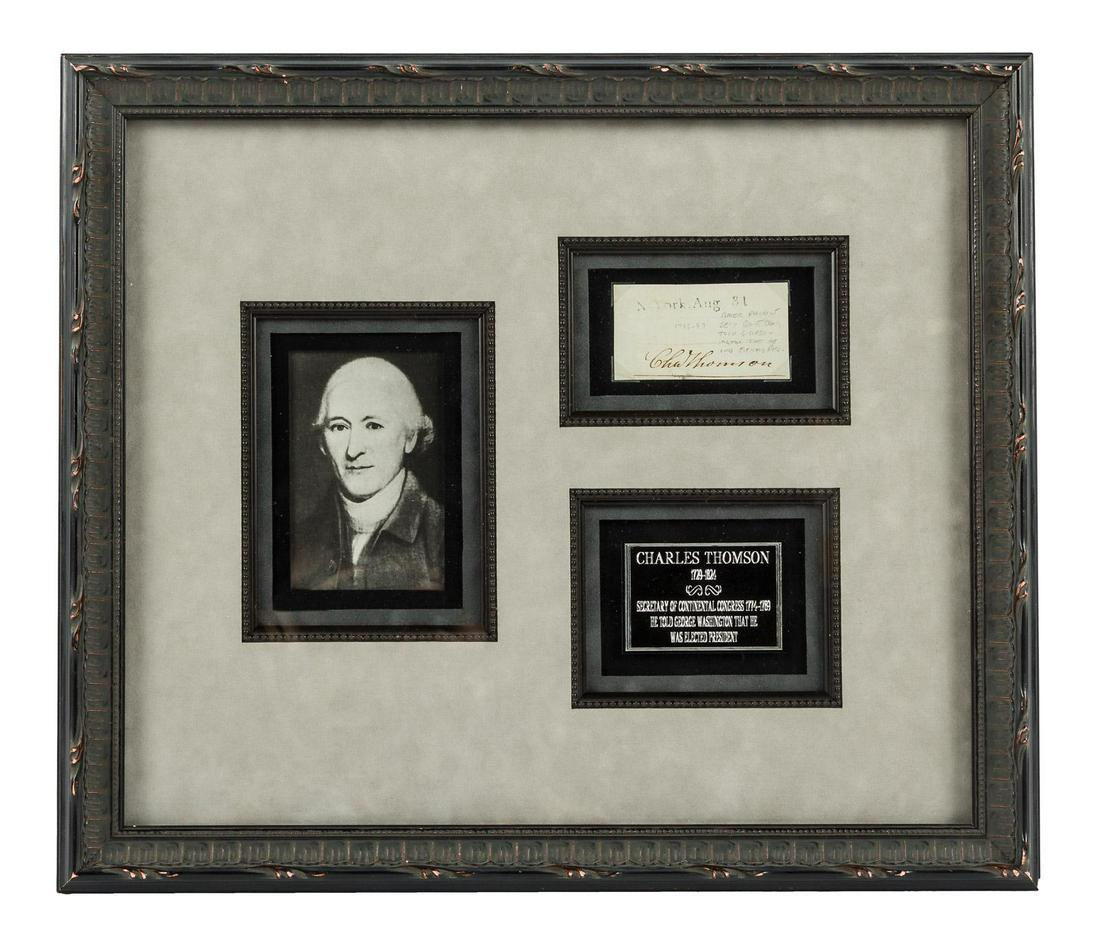 Autograph of the Secretary of the Continental Congress: Heading: Author: Thomson, Charles Title: Clipped signature of Charles Thomson, secretary of the Continental Congress and the man who informed George Washington that he had been elected President Plac