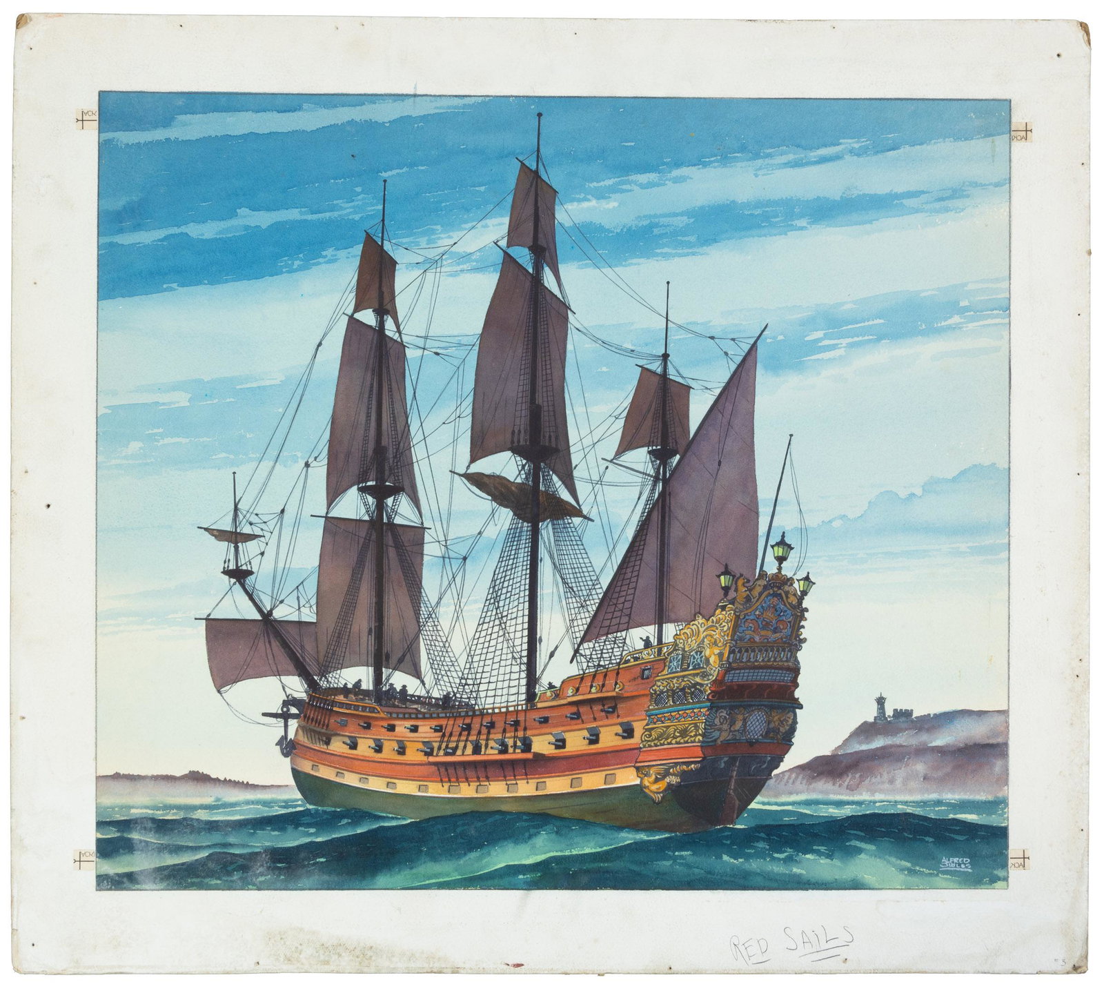 Owles Paints Red Sails on 22-Gun Ship: Heading: Author: Owles, Alfred Title: [Three-masted ship with red sails] Place Published: Publisher: Date Published: [20th century] Description: 48x56 cm (19x22") watercol