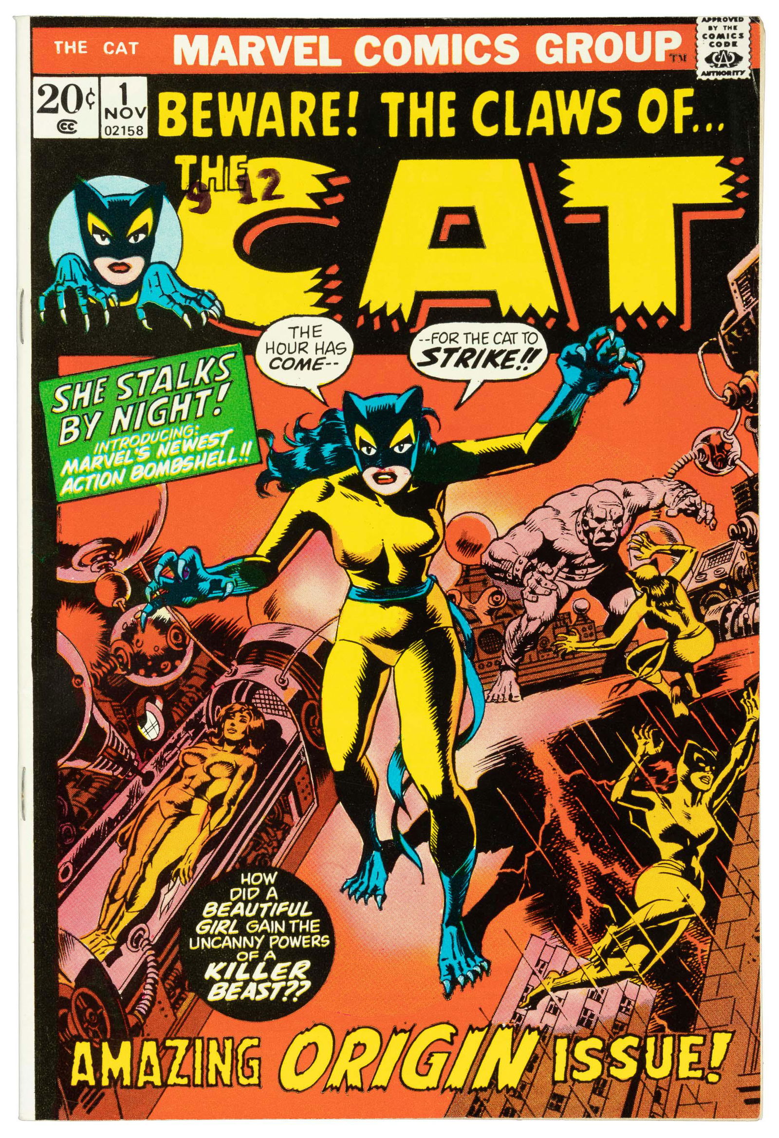 The CAT #1 * 7.5 * Wally WOOD: Heading: 44 Author: Title: CAT No. 1 Place Published: Publisher:Marvel Date Published: November, 1972 Description: VF- (7.5). Excess white showing at
