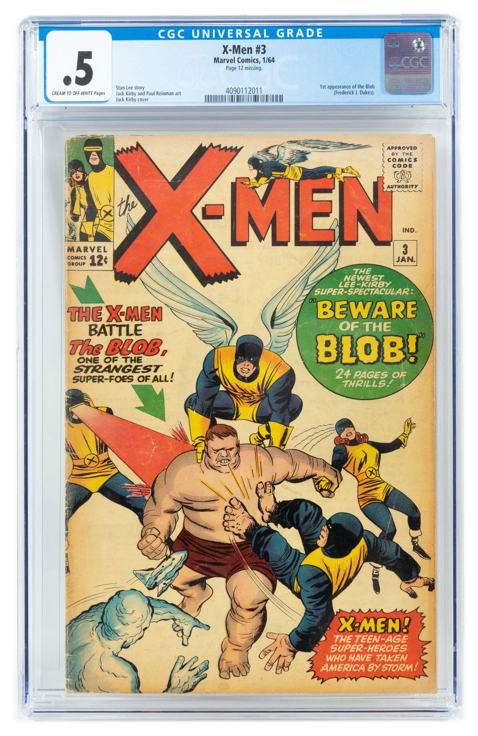 X-MEN #3 * CGC .5 * The Bloated BLOB: Heading: 92 Author: Title: X-MEN No. 3 Place Published: Publisher:Marvel Date Published: January, 1964 Description: CGC certified: Poor (.5). Cream to