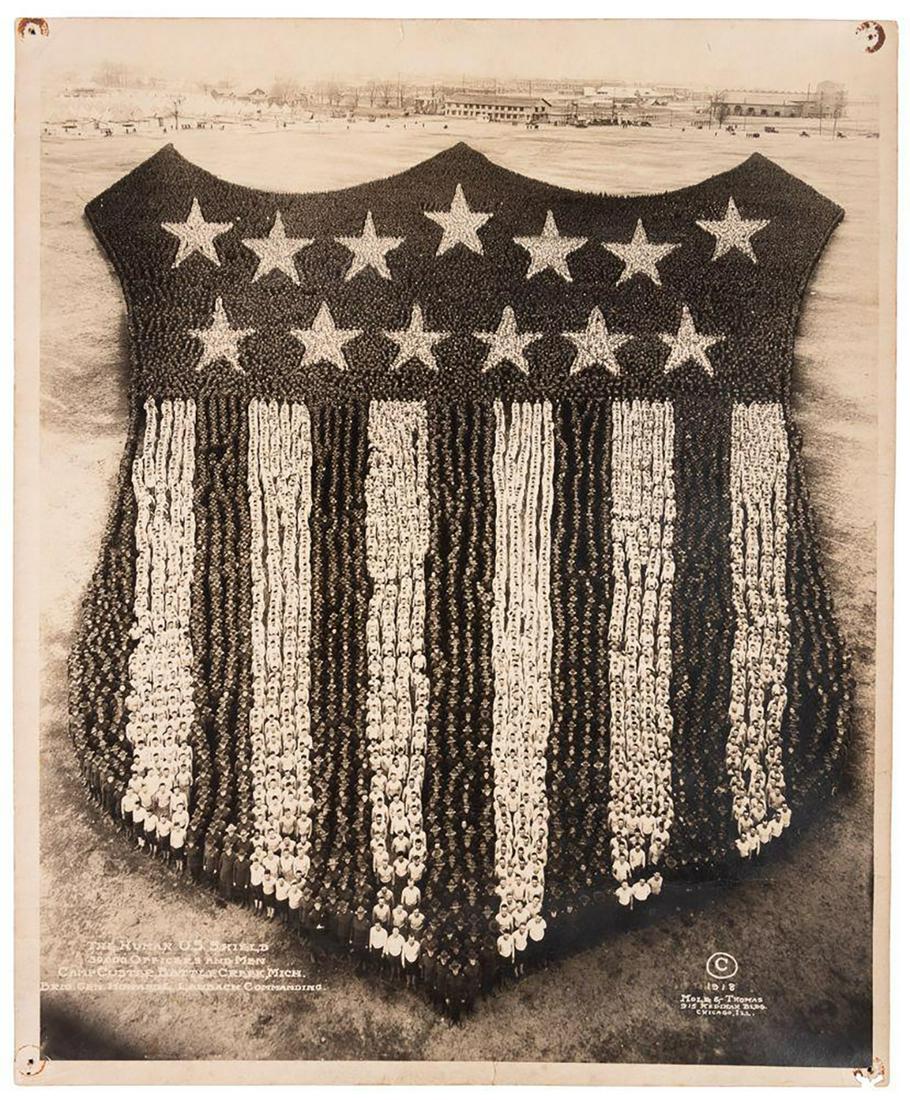 The Human U.S. Shield photograph, 1918: Heading: (Mole & Thomas) Author: Title: The Human U.S. Shield: 30,000 Officers and Men. Camp Custer, Battle Creek Mich. Brig. Gen. Howard L. Laubach Commanding Place Published: Chicago Publisher:Mole