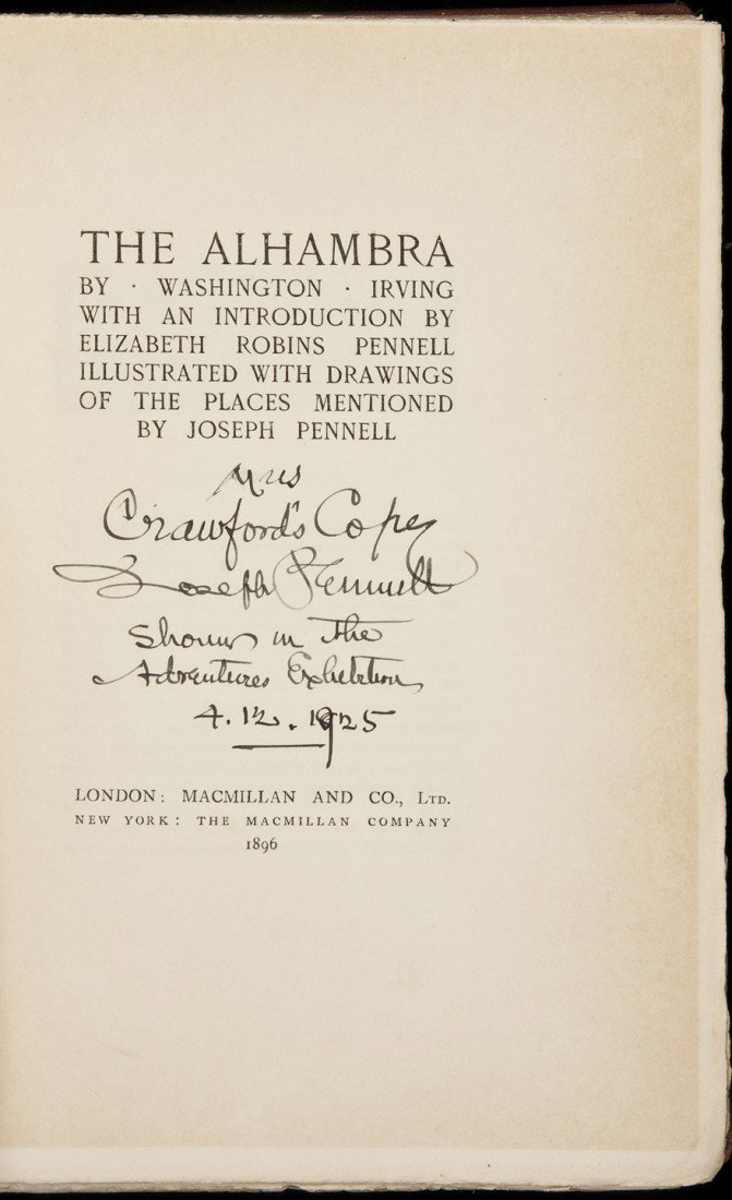 Washington Irving The Alhambra Pennell Illus: Title: The Alhambra Author: Irving, Washington Description: xx, 436 pp. 12 inserted lithograph plates and numerous other illustrations by Joseph Pennell. 26.5x18 cm. (10½x7"), original red cloth, pap
