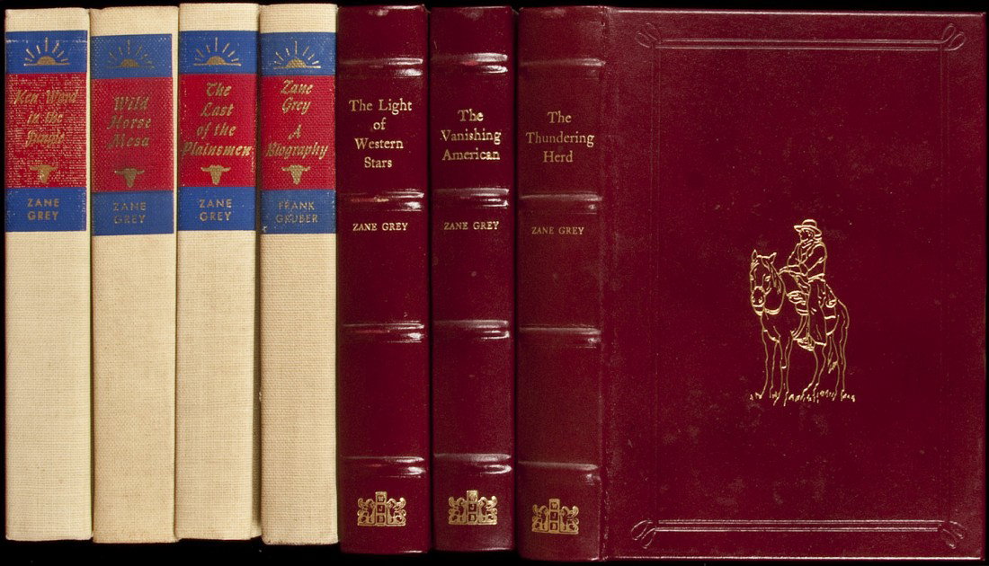 Eighteen novels by Zane Grey: Title: Eighteen novels by Zane Grey Author: Grey, Zane Description: 14 in matching tan and red cloth; 4 in full leather.18 volumes of Zane Grey western stories, reprinted by Walter J. Black, Inc. Head