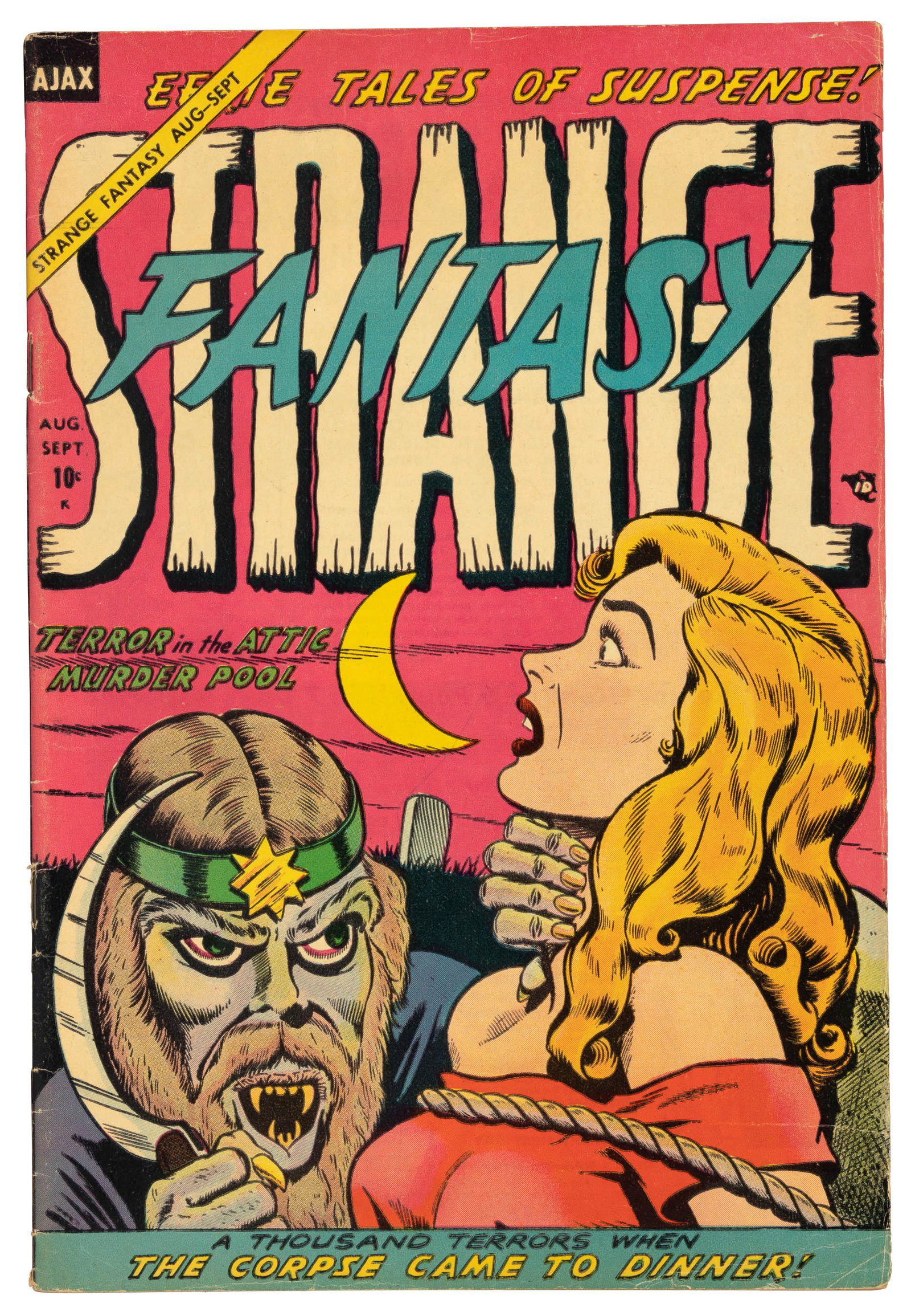 STRANGE FANTASY #13 * 5.0 * Bondage Cover * Stripped to Skeletons: Heading: Author: Title: STRANGE FANTASY No. 13 Place Published: Publisher:Ajax-Farrell [Indicia: Farrell Comics, Inc.] Date Published: August-September, 1954 Description: