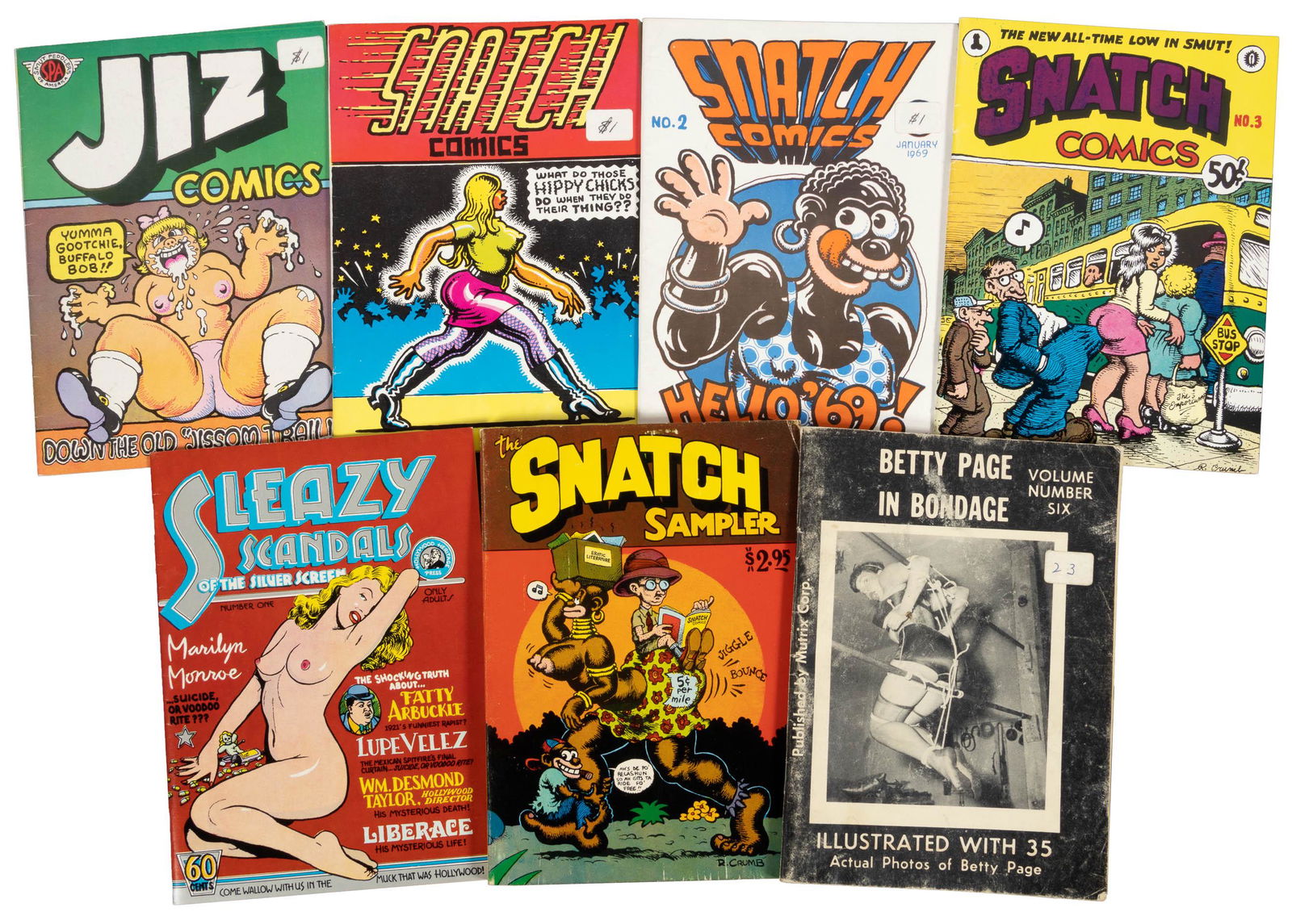 SNATCH, JIZ, SLEAZY SCANDALS * Lot of 7 Underground Digests * Mostly 1st Printings: Heading: Author: Title: JIZ No. 1, SNATCH Nos. 1, 2 and 3, SNATCH SAMPLER, and Several Other Mini Underground Comix Place Published: Publisher:Various publishers Date Published: Various da