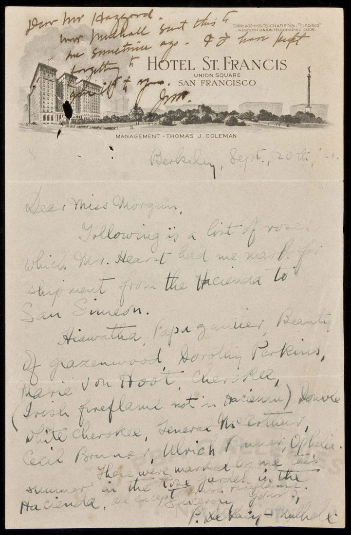 Julia Morgan Hearst's woman architect: Title: Autograph Note, signed, from William Randolph Hearst's woman architect Julia Morgan, in margin of letter to her from botanist Patrick DeLacy-Mulhall Author: Morgan, Julia Description: Autograph