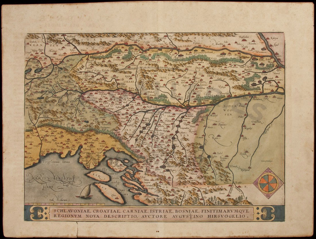 Ortelius map of Croatia & Slovenia c.1580: Title: Schlavoniae, Croatiae, Carniae, Istriae, Bosniae, Finitimarumque Regionum Nova Descriptio, Auctore Augustino Hirsuogelio Author: Ortelius, Abraham Description: Copper-engraved map, hand-colored