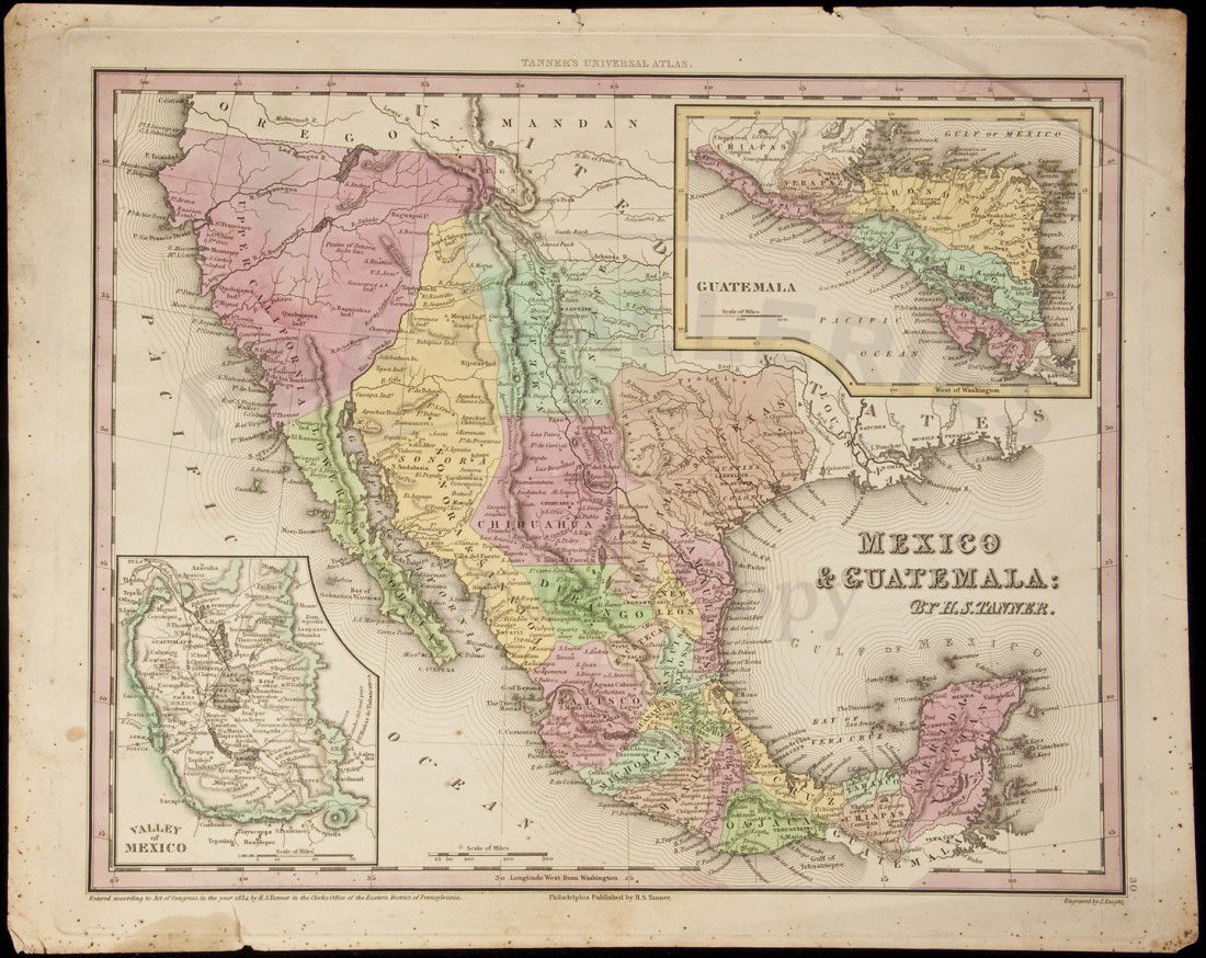 Tanner map of Mexico & Southwest 1834: Title: Mexico & Guatemala Author: Tanner, Henry Schenk Description: Engraved map, hand-colored. 28x35.5 cm. (11x14").Mexico including its provinces of Upper California, New Mexico, and Texas, with Son