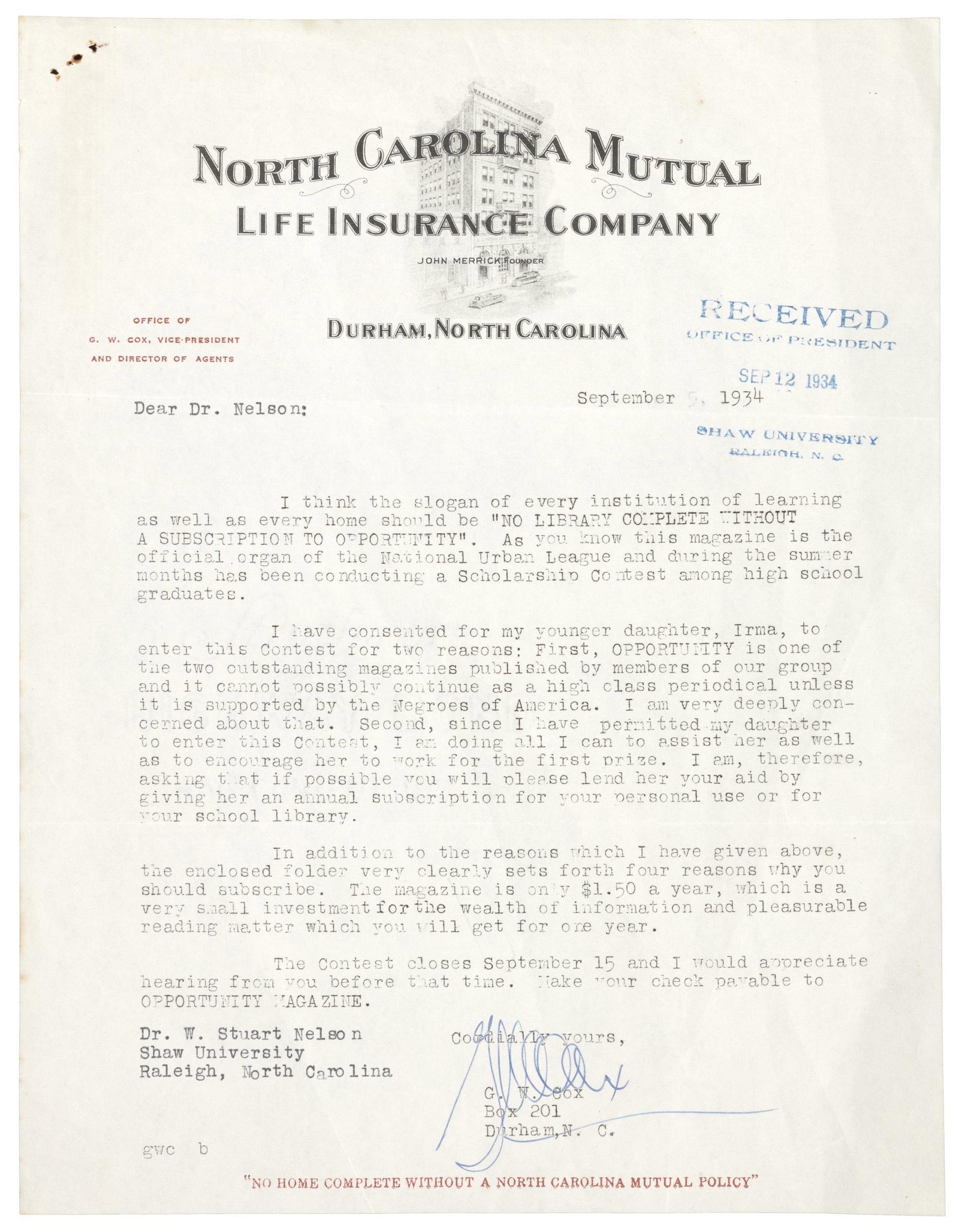 Largest Black business promotes Urban League magazine: Heading: (African American, 1934) Author: Title: National Urban League promotion for its magazine Opportunity, with supporting letter from the largest Black-owned business in America Place Published: 