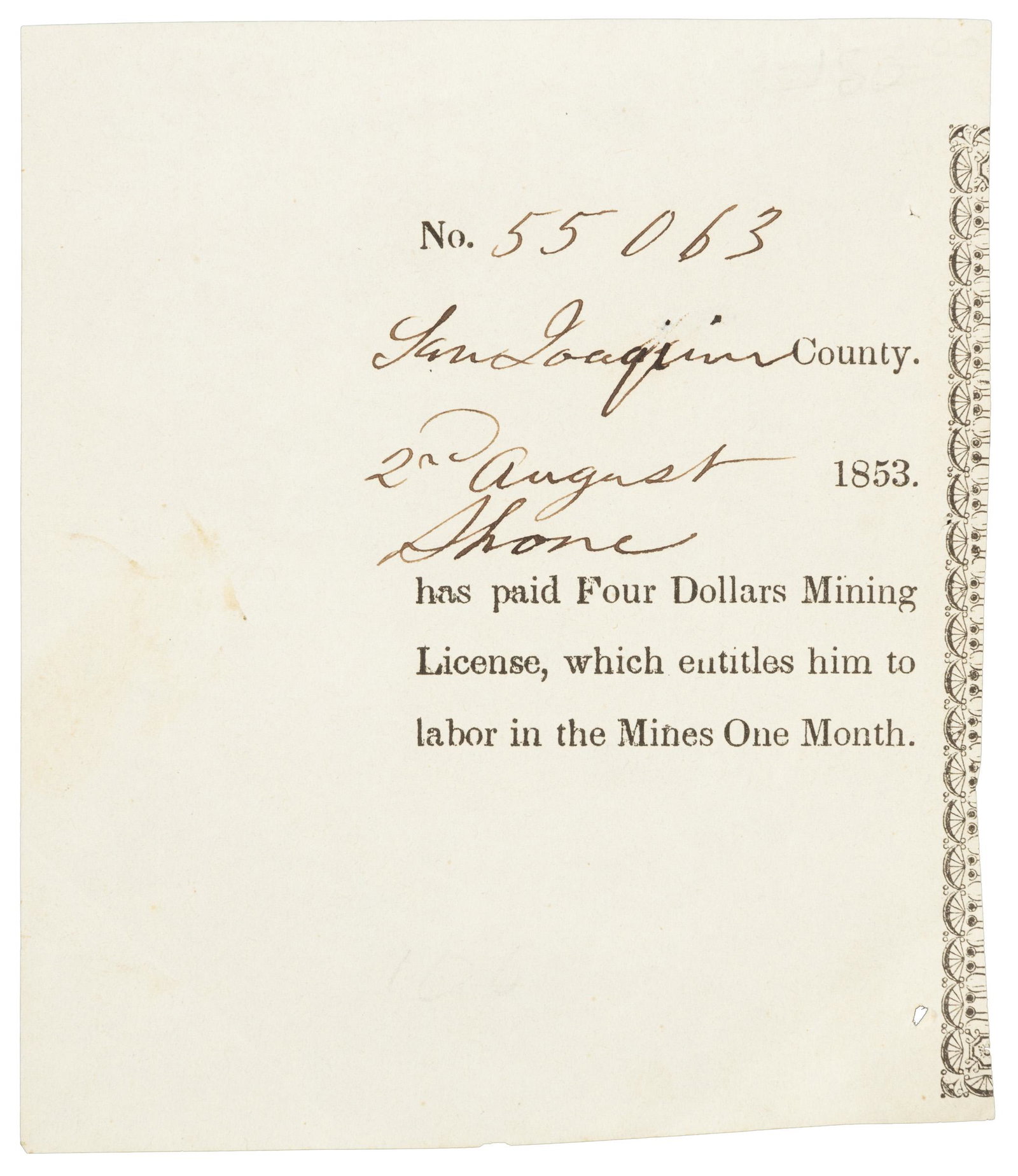 Foreign miner in San Joaquin Co., Cal., 1853: Heading: (California - Foreign Miner's License) Author: Title: Printed stub to a Foreign Miner's License, filled out in ink, to an apparently Chinese miner Place Published: San Joaquin County Publishe