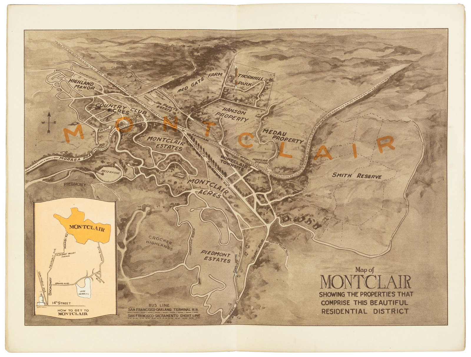 Oakland's Montclair district with bird's-eye view: Heading: (California - Oakland) Author: Title: Picturesque Oakland - a century ago and now Place Published: Oakland, CA Publisher:[MacGibbon Advertising Service] Date Published: c.1920