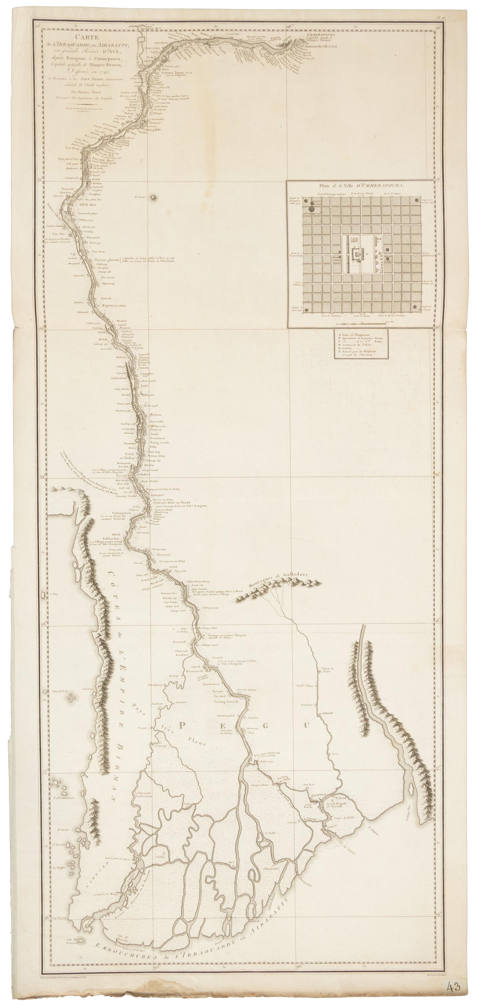 Course of Irrawaddy River from Symes' Ava, 1800: Heading: (Burma - Myanmar) Author: Wood, Thomas Title: Carte de l'Irraouaddy, ou Airabatty, ou grande RiviÃ¨re d'Ava, depuis Rangoun Ã Ummepoura, Capitale actuelle de l'Empire Birman... Place Pub