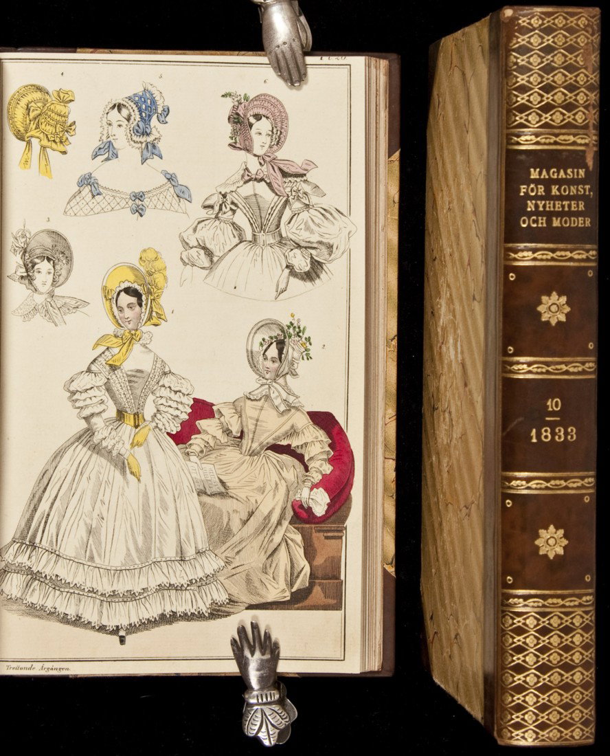 Swedish fashion magazine from 1833 & 1836: Title: Magasin för Konst, Nyheter och Moder - Volumes 10 & 13 Author: ** Description: 2 volumes. Each volume with 48 engraved or lithograph plates, including many colored fashion plates. (8vo) 22.5x1
