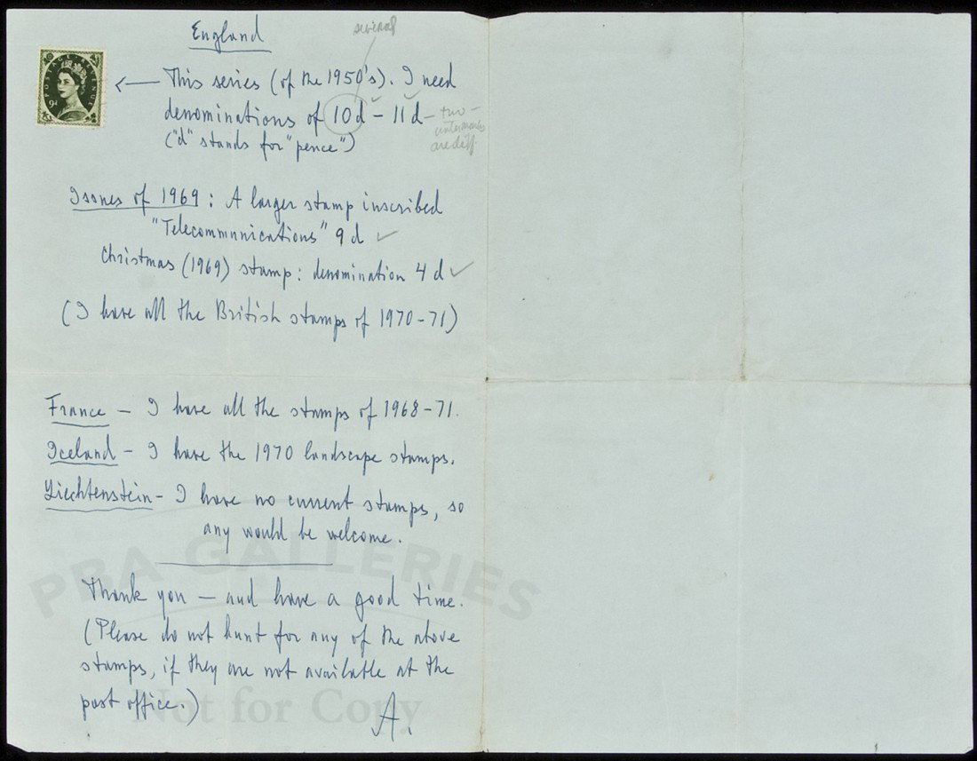 Ayn Rand note on stamp collecting: Title: Autograph Manuscript regarding European postage stamps Author: Rand, Ayn Description: 2 page Autograph Manuscript signed 'A' on a folded sheet. 8½x5½" when folded.Detailed instructions to a c