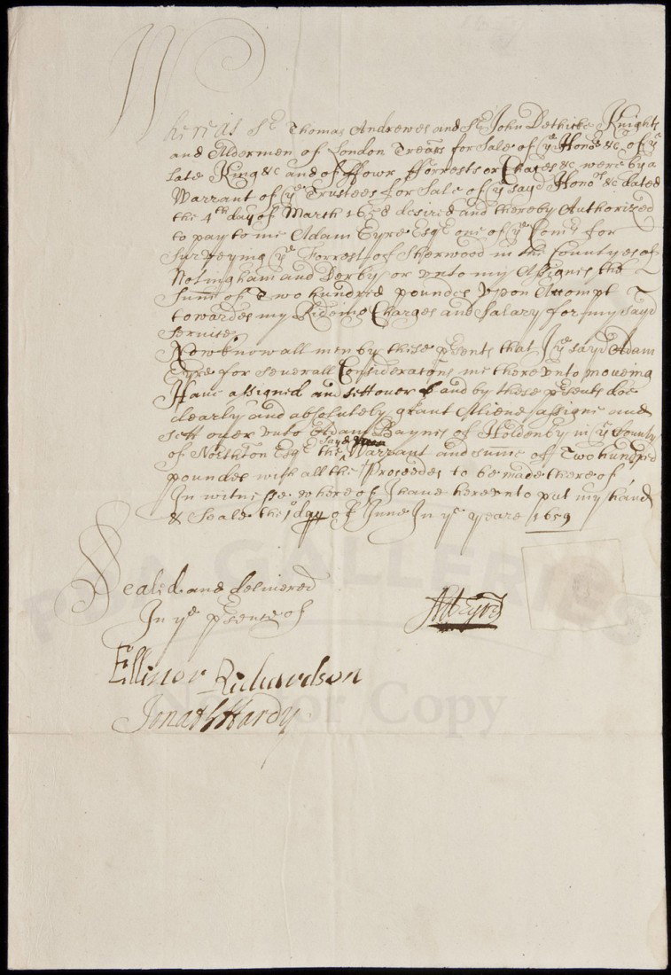 Relating to a survey of Sherwood Forest 1659: Title: Manuscript Document Signed by Adam Eyre, relating to a survey of Sherwood Forest Author: Eyre, Adam Description: 24 lines, in ink. On 1st page of 4-page conjugate. Signed by Adam Eyre and as wi