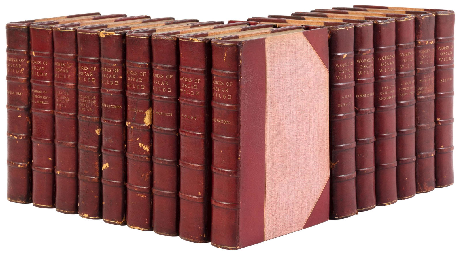 Oscar Wilde's Works, bound by Brentanos: Heading: Author: Wilde, Oscar Title: The Works of Oscar Wilde Place Published: New York Publisher:Lamb Publishing Co. Date Published: [1909] Description: 15 volumes. Illust