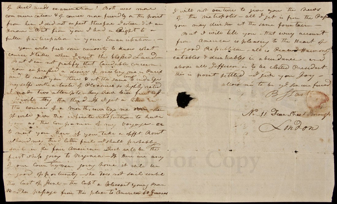 Jefferson, Burr and the French Spy: Title: Autograph Letter, signed, introducing the suspecting French spy, William Green Munford [Montfort] Author: Stark, B[olling?] Description: Autograph Letter, signed. 3 pp. + integral stampless add