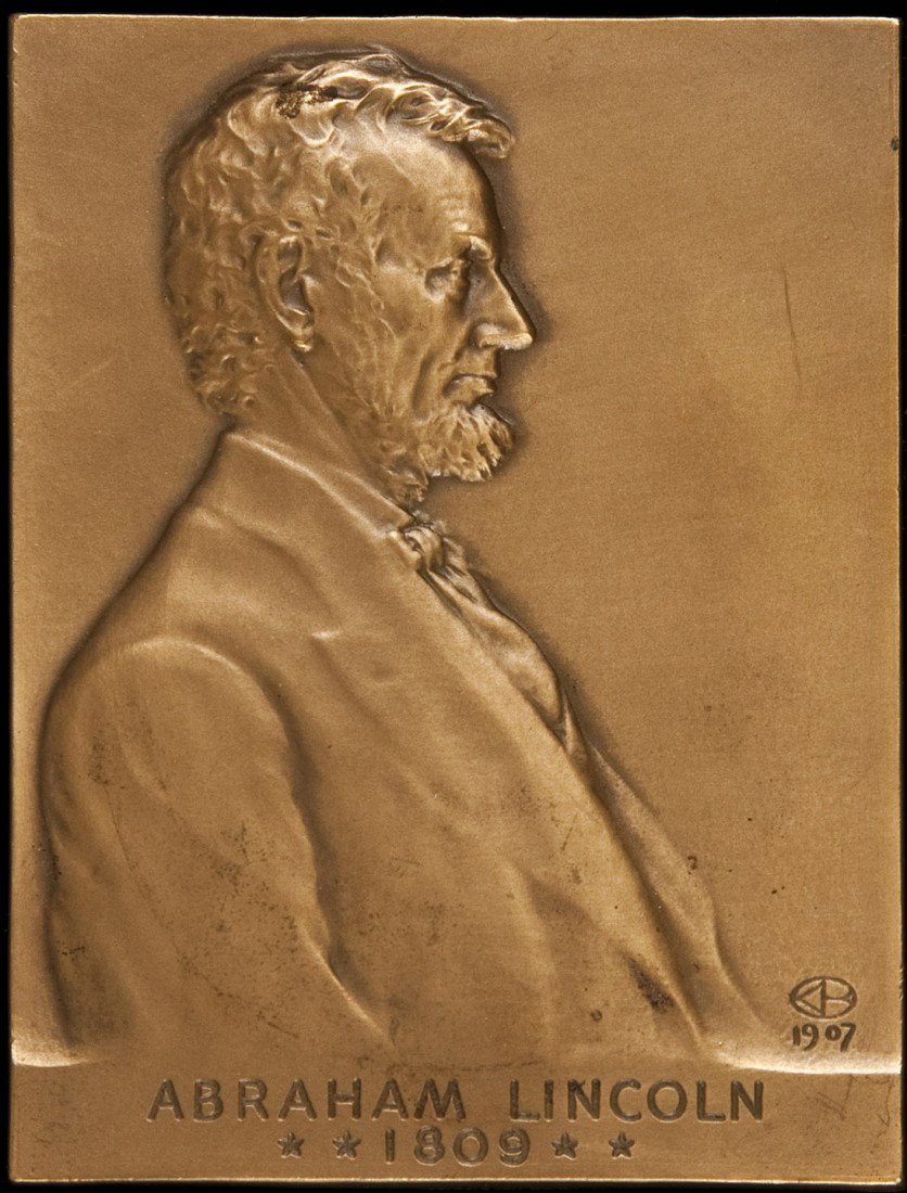 Brass plaque of Abraham Lincoln: Title: Brass plaque of Abraham Lincoln Author: ** Description: Brass plaque, 96x72 mm.A modern re-issue of the 1909 centennial plaque by Victor D. Brenner. Issued for the New York World's Fair, 1964-6