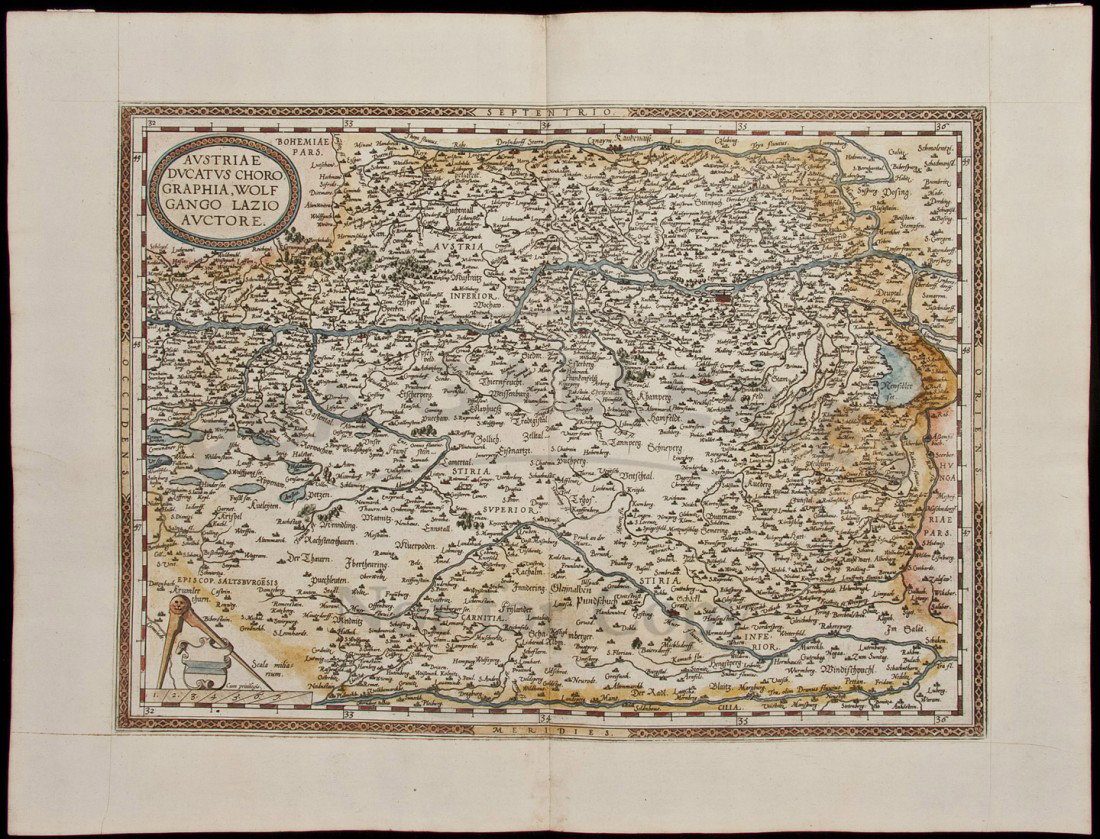Ortelius map of Austria c.1580: Title: Austriae Ducatus Chorographia, Wolfgango Lazlo Auctore Author: Ortelius, Abraham Description: Copper-engraved map, later hand-coloring. 34x46 cm. (13½x18").Map of Austria with a somewhat disto