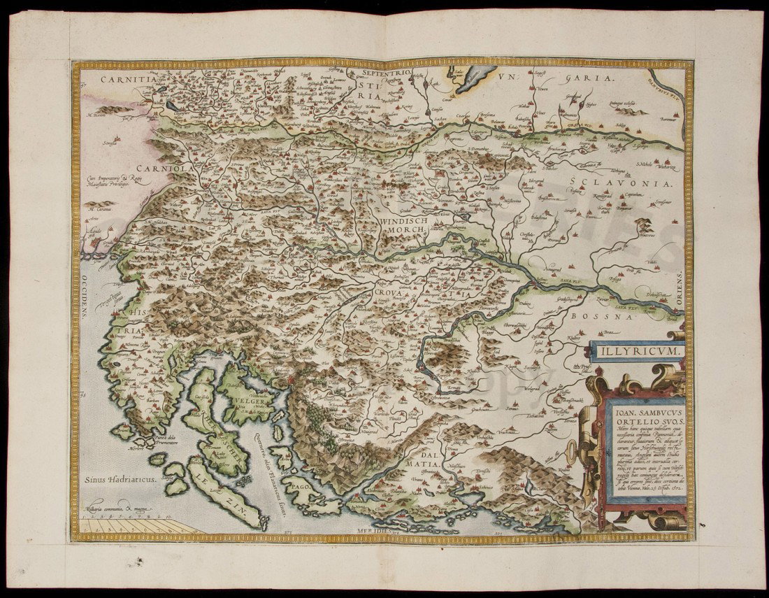Ortelius map of Balkans c.1575: Title: Illyricum Author: Ortelius, Abraham Description: Copper-engraved map, later hand-coloring. 36x48 cm. (14x19").Attractive map of the coastal region of Slovenia and Croatia based on the cartograp