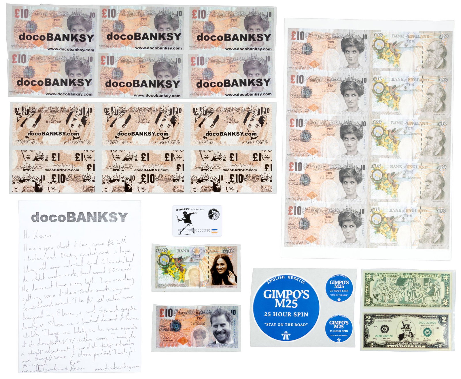 docoBANKSY sticker sheets, proof, letter: Heading: Author: Wade, Dominic Title: docoBANKSY promotional materials Place Published: Publisher: Date Published: c.2012 Description: 1 letter, 1 credit card-shaped objec