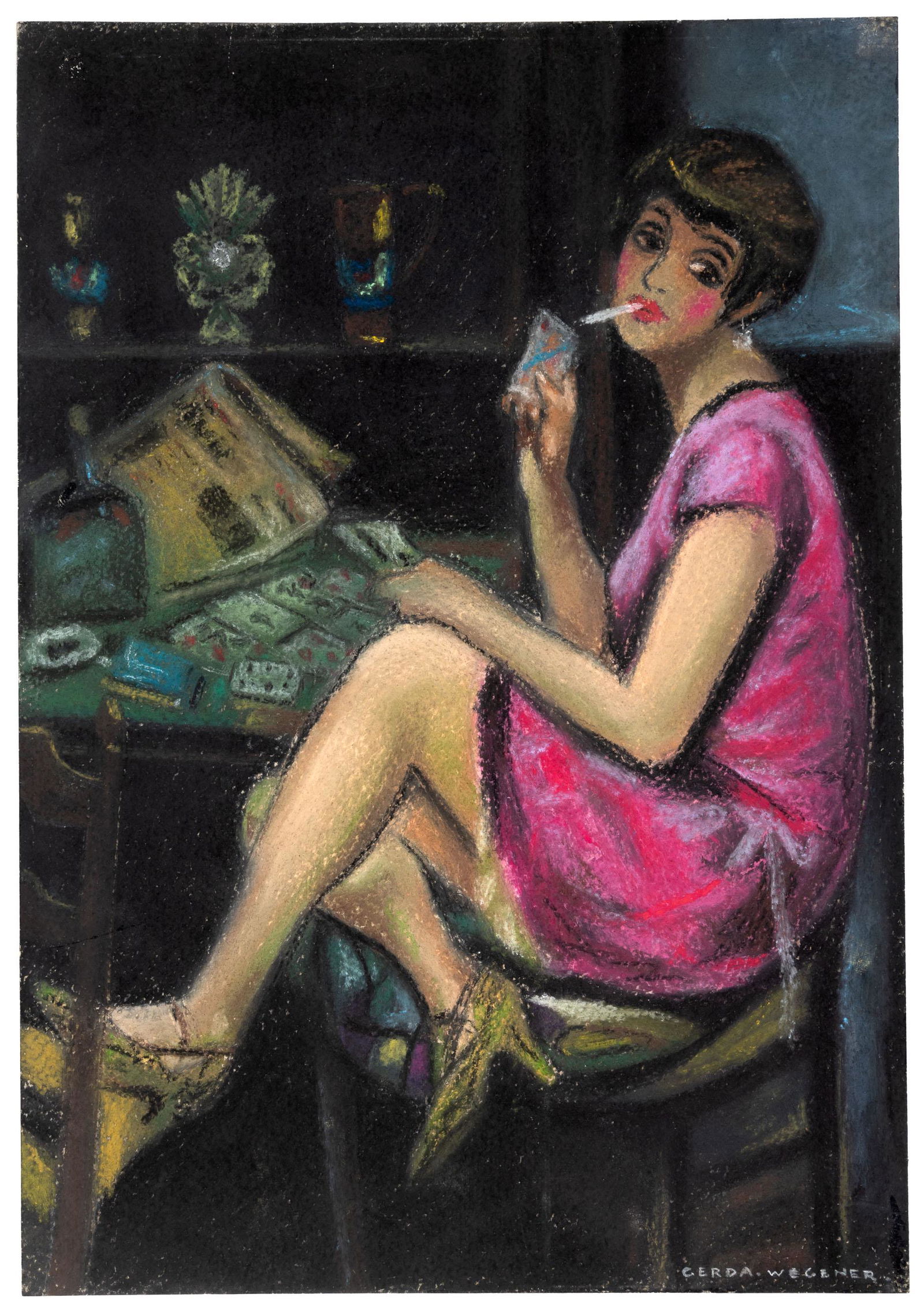 Original painting by Gerda Wegener: Heading: Author: Wegener, Gerda Title: Untitled [Solitaire] Place Published: [Paris] Publisher: Date Published: c. 1920's Description: Oil pastel on paper, mounted to board