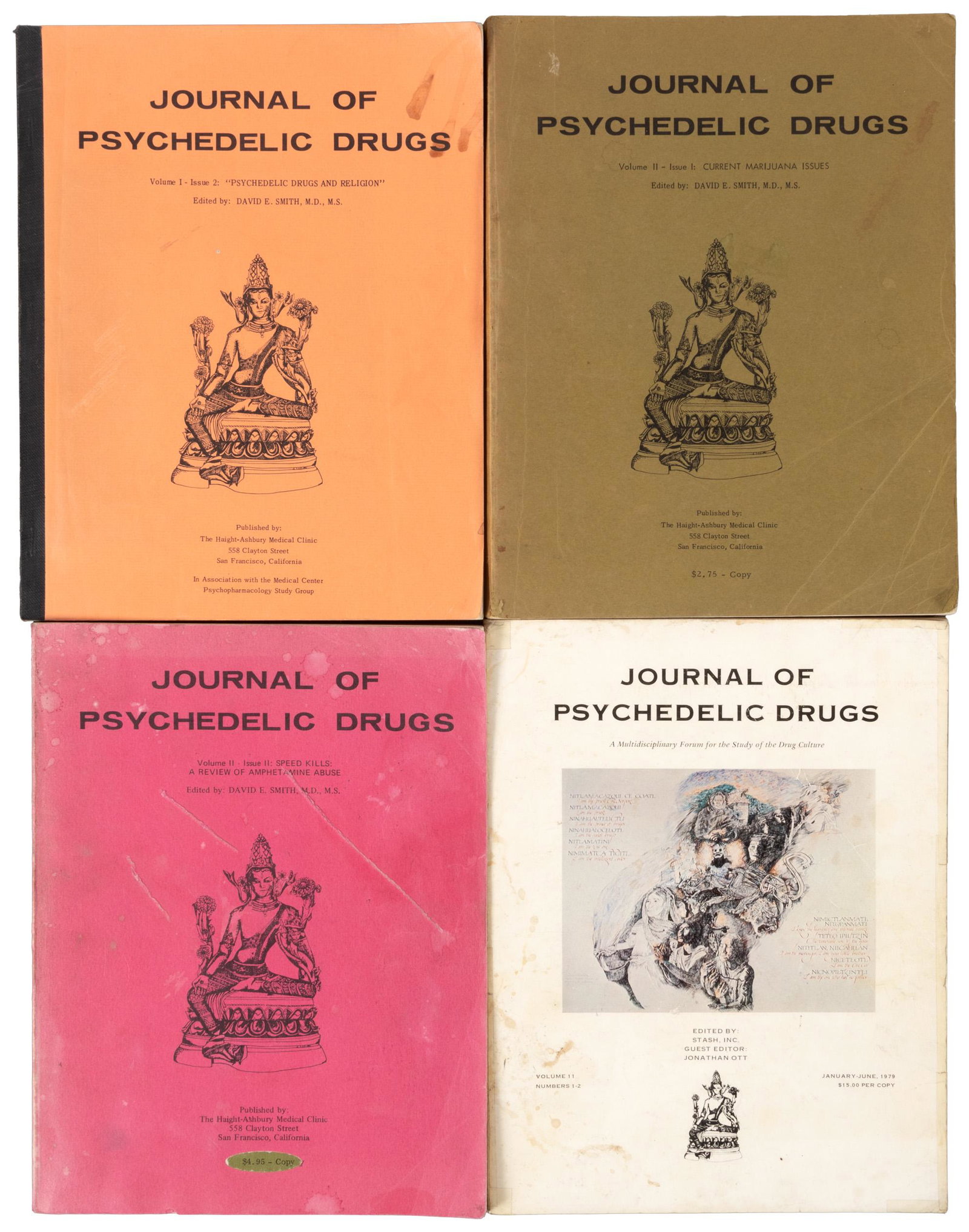 Four issues of the Journal of Psychedelic Drugs: Heading: (Psychedelics) Author: Smith, David Ed. et al. Title: Journal of Psychedelic Drugs Place Published: San Francisco Publisher:The Haight-Ashbury Medical Clinic Date Published: 1967-197