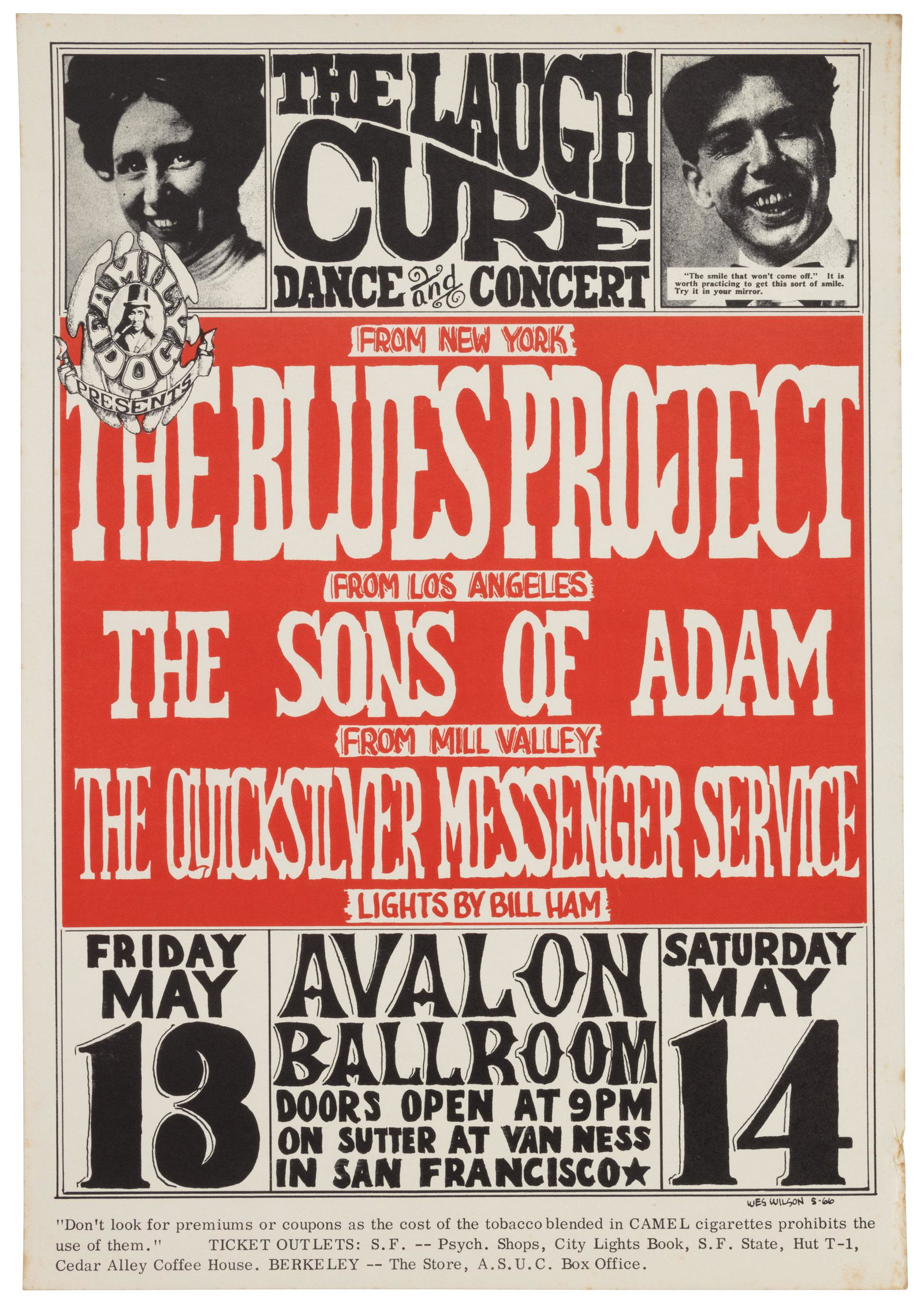 Wes Wilson early poster for Family Dog: Heading: Author: Wilson, Wes Title: The Laugh Cure. The Blues Project / The Sons of Adam / The Quicksilver Messenger Service at Avalon Ballroom Place Published: San Francisco Publisher: Date Pub