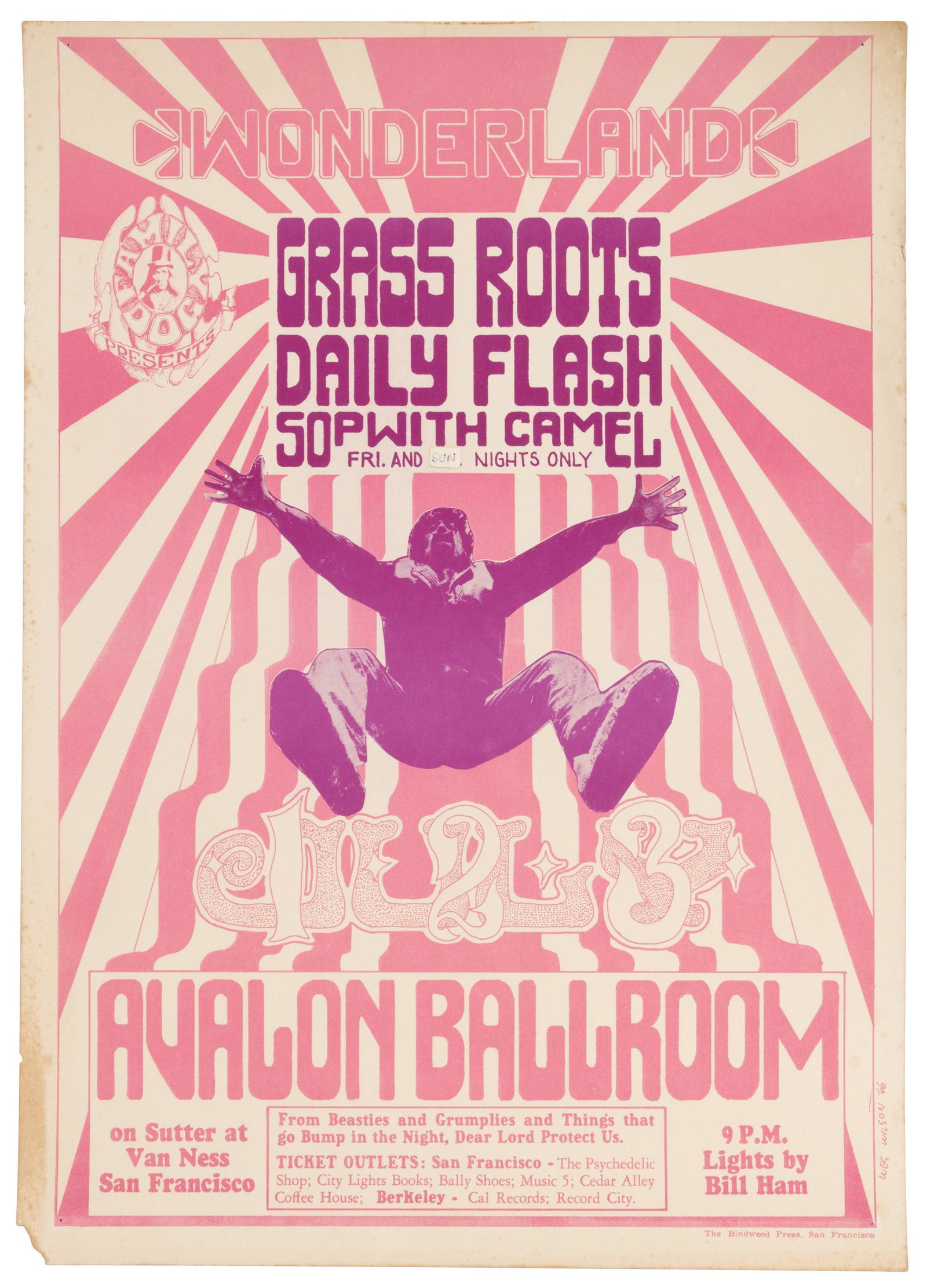 Wes Wilson's Wonderland poster, 1966: Heading: Author: Wilson, Wes Title: Wonderland. Grass Roots / Daily Flash / Sopwith Camel at Avalon Ballroom Place Published: San Francisco Publisher:Bindweed Press Date Published: 1966 <