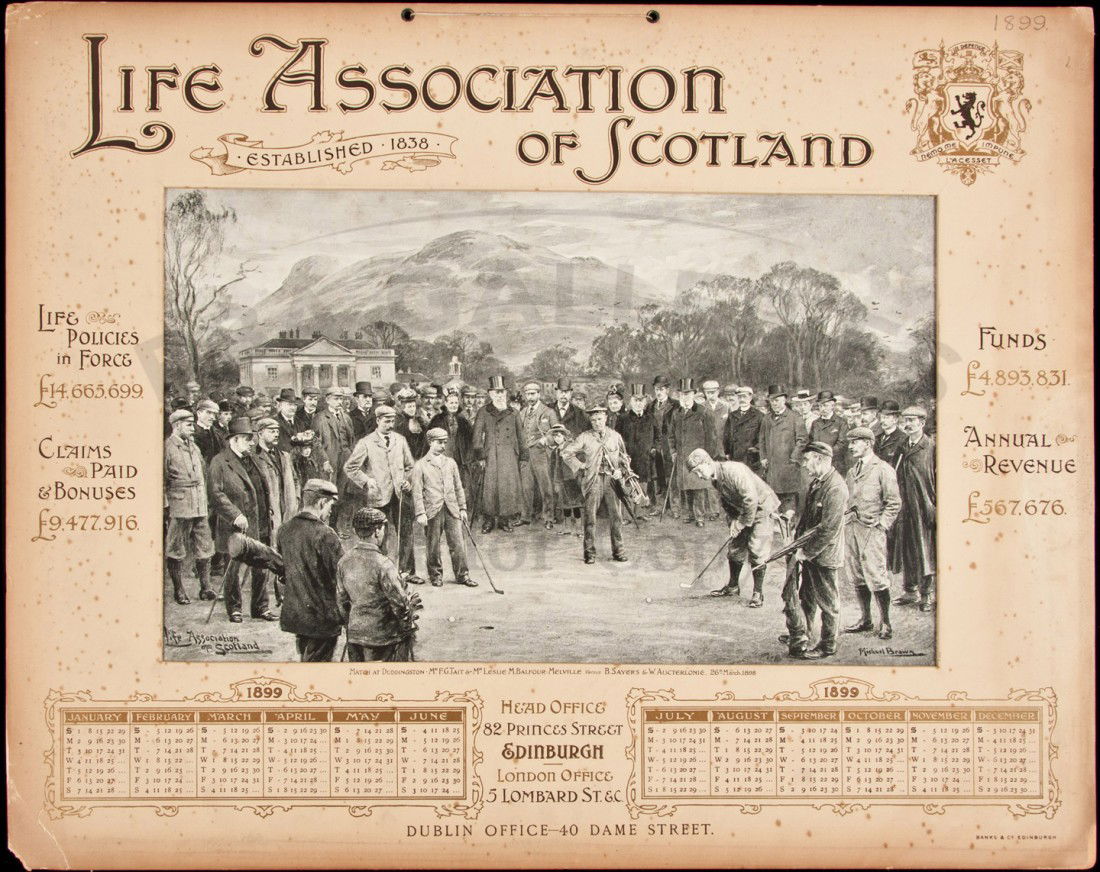 1899 calendar with golfing illustration: Title: 1899 Calendar for Life Association of Scotland with golfing print by Michael Brown Author: Brown, Michael Description: Advertising calendar with 23.8x39 cm. (9½x15¼") sepia-tone illustration