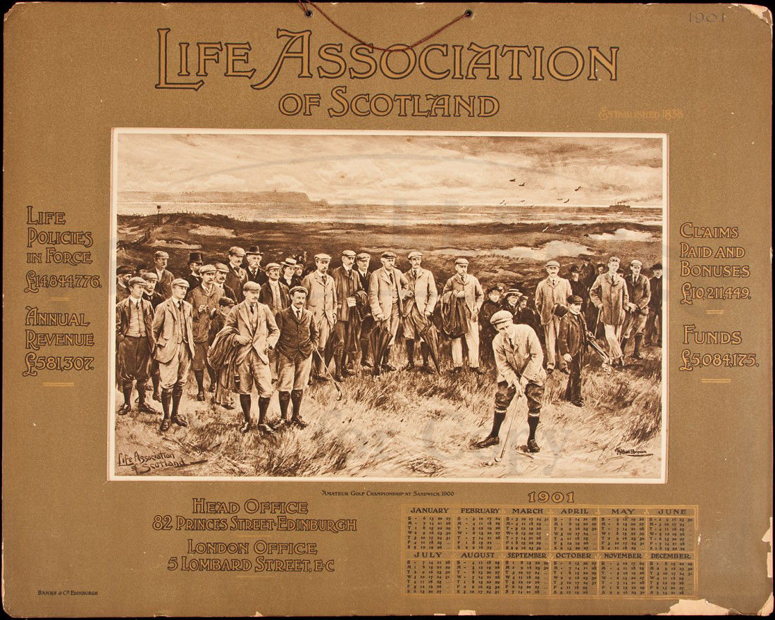 1901 calendar with golfing illustration: Title: 1901 Calendar for Life Association of Scotland with golfing print by Michael Brown Author: Brown, Michael Description: Advertising calendar with 25.2x40 cm. (10x15¾") sepia-tone illustration a