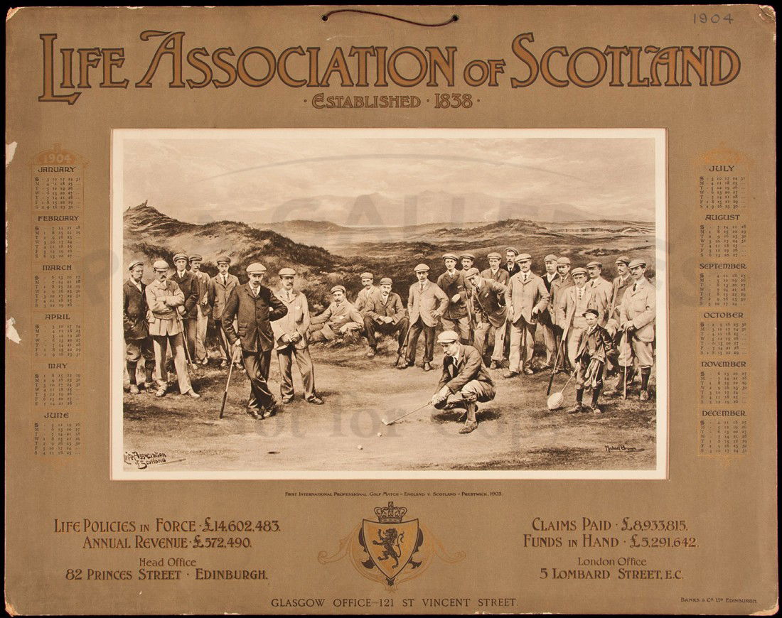 1904 calendar with golfing illustration: Title: 1904 Calendar for Life Association of Scotland with golfing print by Michael Brown Author: Brown, Michael Description: Advertising calendar with 24.5x39 cm. (9¾x15¼") sepia-tone illustration
