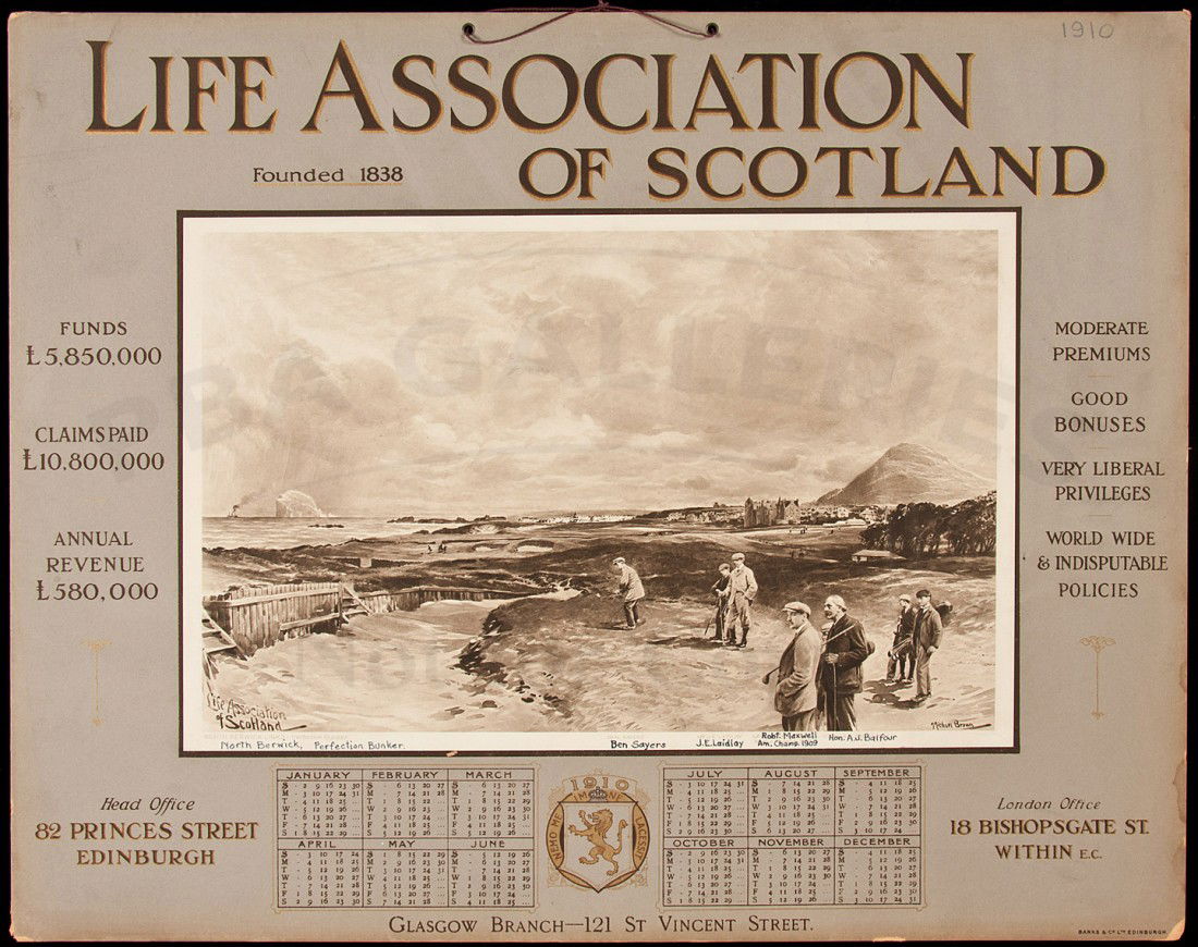 1910 calendar with golfing illustration: Title: 1910 Calendar for Life Association of Scotland with golfing print by Michael Brown Author: Brown, Michael Description: Advertising calendar with 24.5x38 cm. (9¾x15") sepia-tone illustration mo