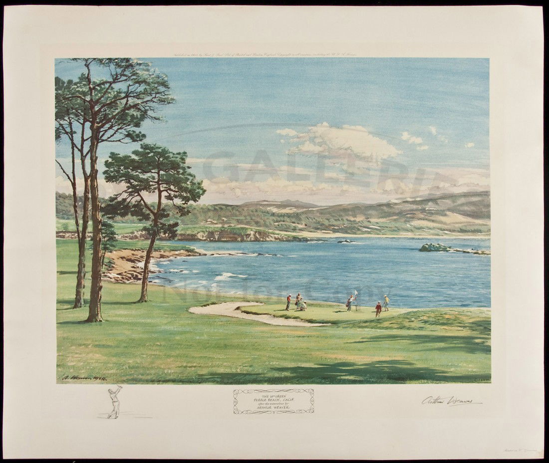 A. Weaver signed color print of Pebble Beach golf: Title: The 18th Green Pebble Beach, Calif. - signed color print Author: Weaver, Arthur Description: Color print of a watercolour by Arthur Weaver. Image size 16¾x22 on 23x27½ paper. Signed in pencil