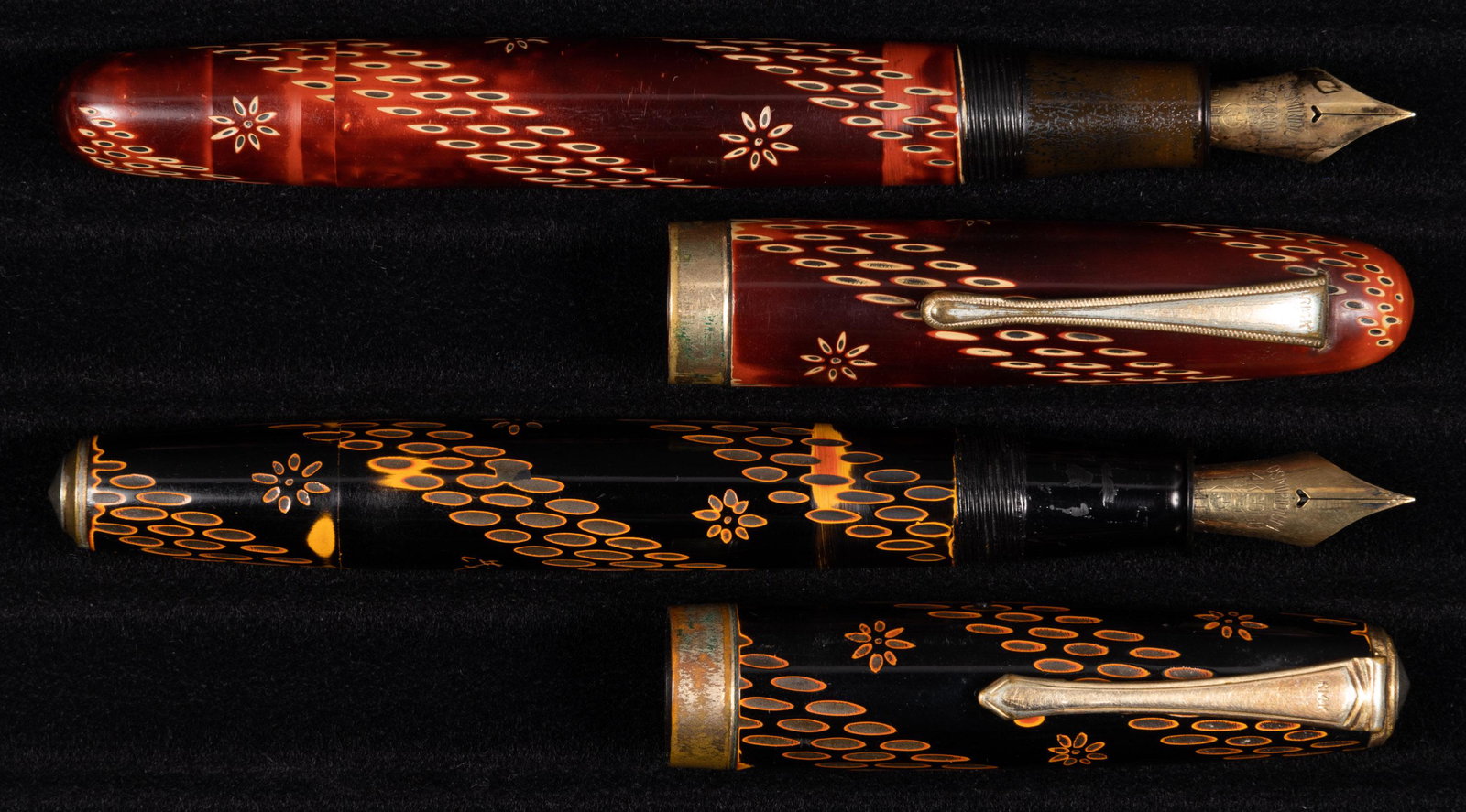 Lot of 2 Japanese Lacquer Fountain Pens, Floral Pattern, Red & Yellow, c.1930s (1 of 1)