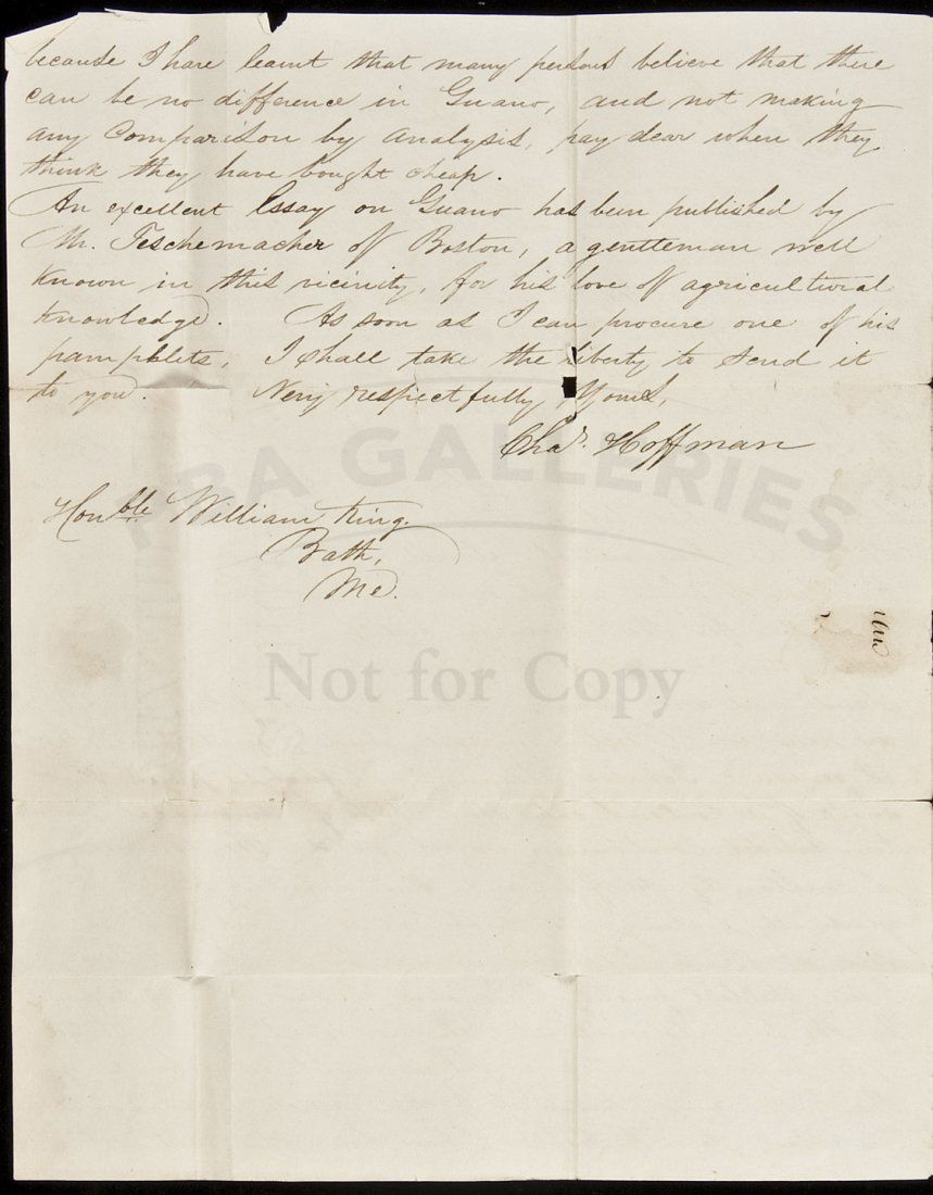 Guano from, the Island of Ichaboe: Title: Autograph Letter, signed, regarding Guano from, the Island of Ichaboe Author: Hoffman, Charles Description: 2 page Autograph Letter, signed + integral stampless address leaf. Approximately 9¾x
