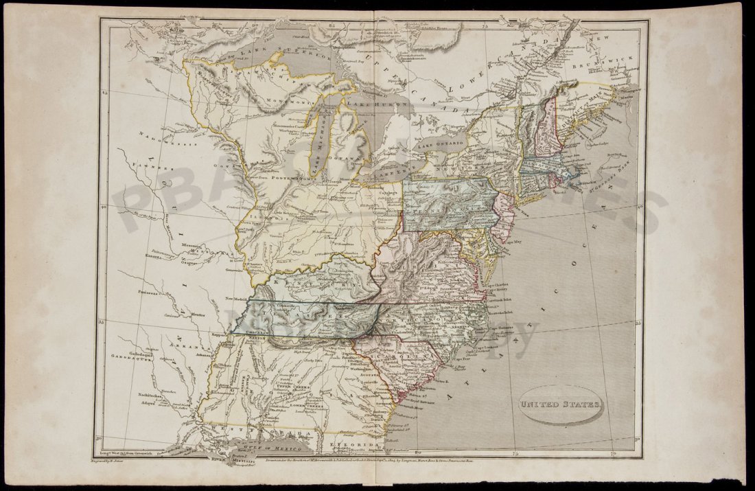 Map of United States in 1805: Title: United States Author: Arrowsmith, John Description: Copper-engraved map, hand-colored (later?). Engraved by E. Jones. 25x31 cm. (10x12").United States to the Mississippi River, with unsettled (