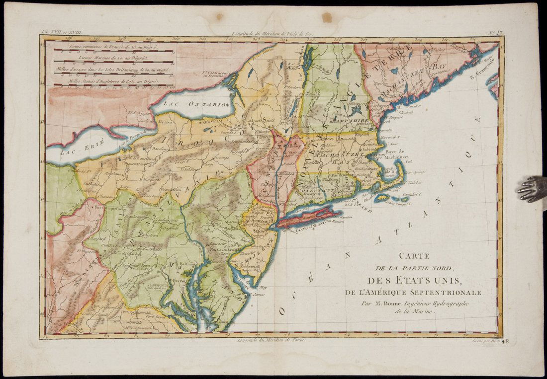 Northern part of new U.S. c.1783: Title: Carte de la Partie Nord, des Etats Unis, de l'Amerique Septentrionale Author: Bonne, Rigobert Description: Copper-engraved map, later hand-coloring. 21x31.5 cm. (8½x12¼").The newly minted Uni
